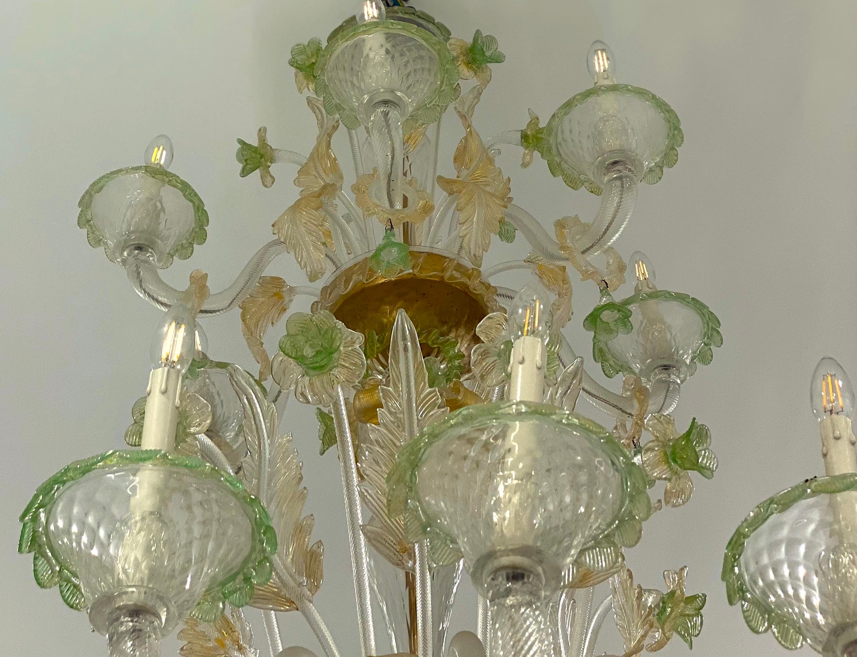Blown Glass Magnificent Green and Gold Murano Glass Chandeliers  For Sale