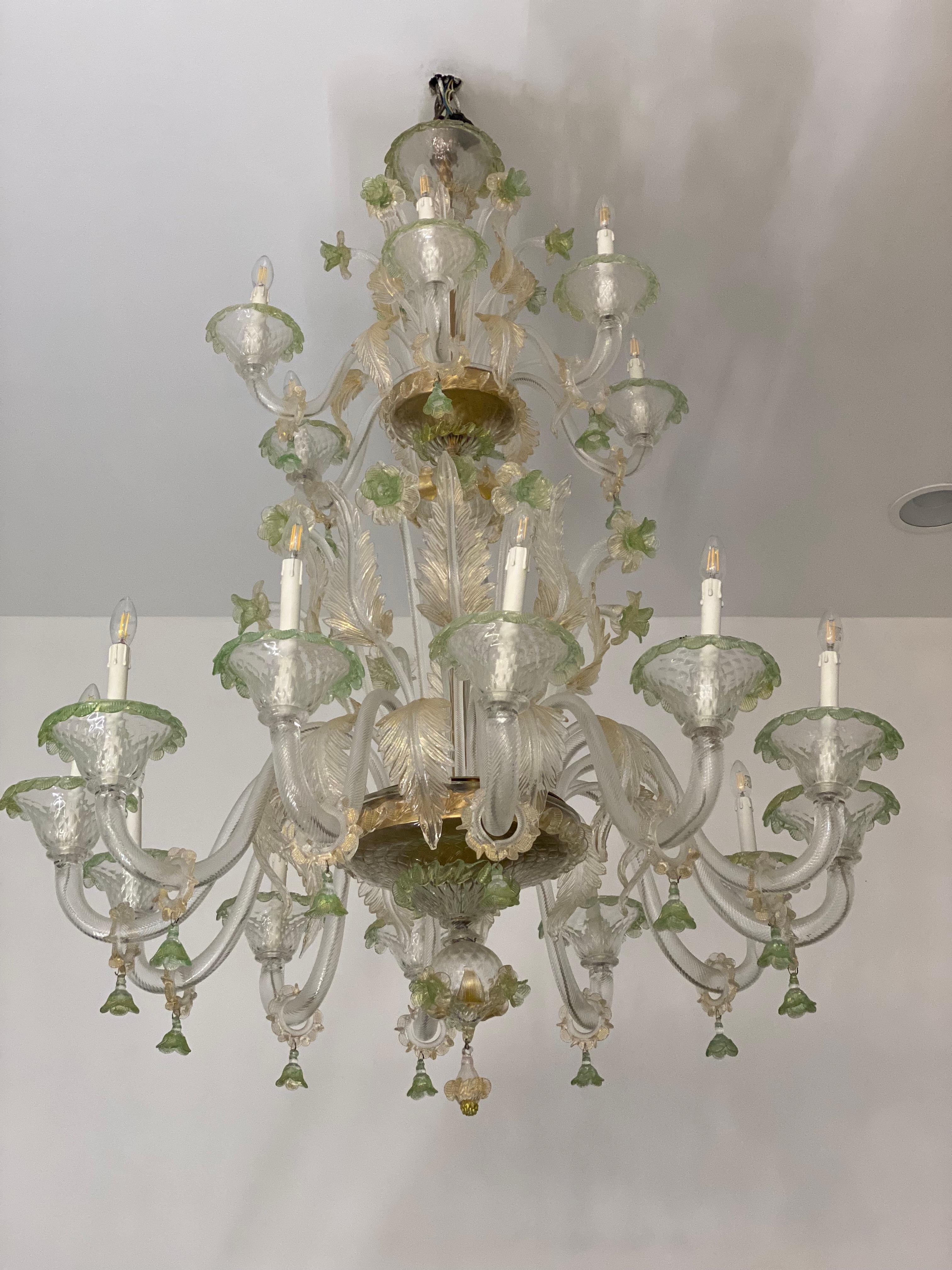 Magnificent Green and Gold Murano Glass Chandeliers  For Sale 2