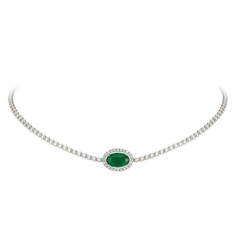 Modern Magnificent Green Emerald Diamond Fine Jewellery White Gold Tennis Choker For Sale