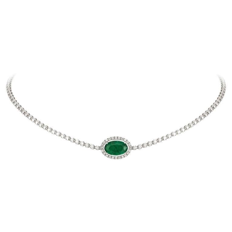 Magnificent Green Emerald Diamond Fine Jewellery White Gold Tennis Choker