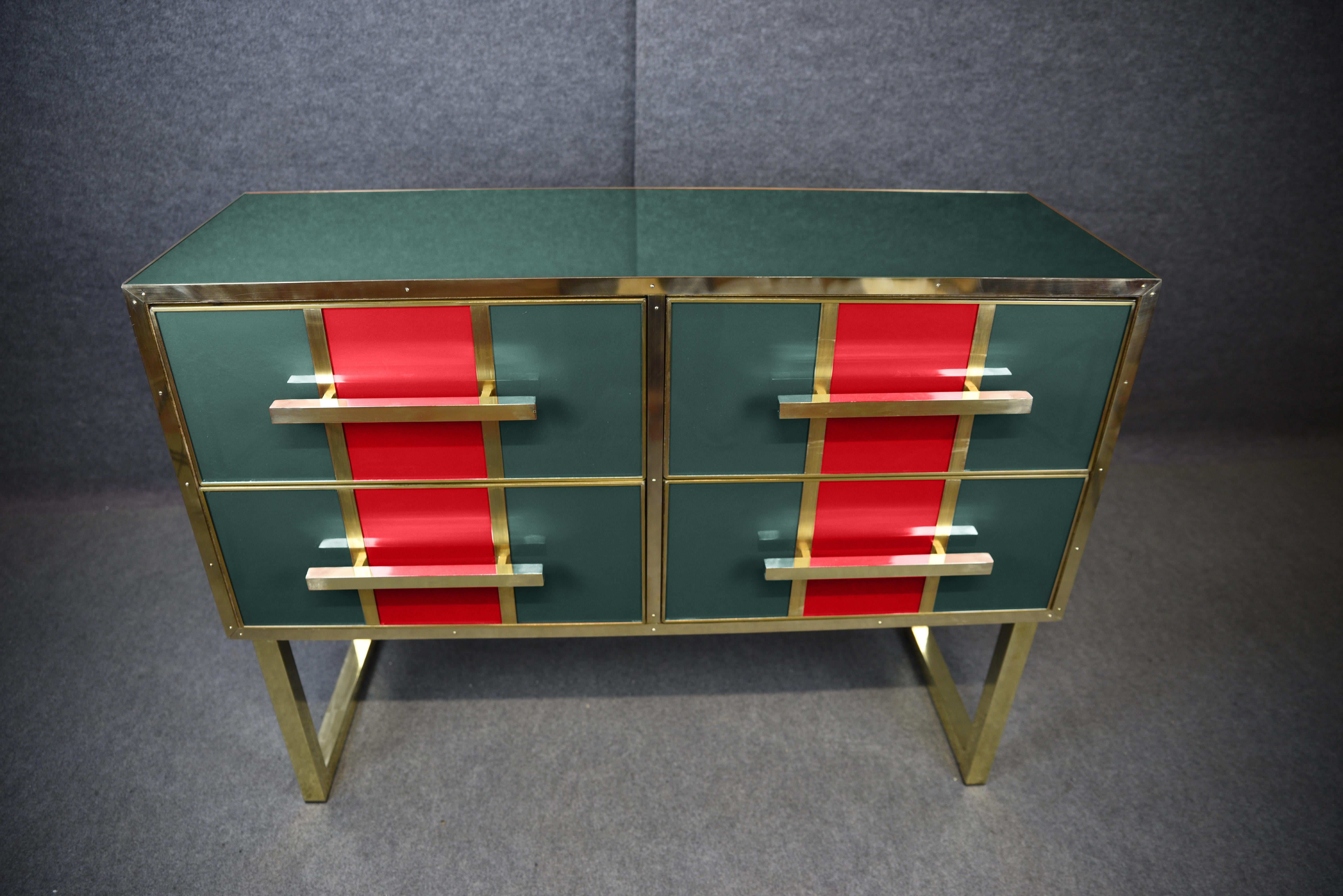 Mid-Century Modern Magnificent Gucci-Inspired Green & Red Murano Chest of Drawers Made in Italy For Sale