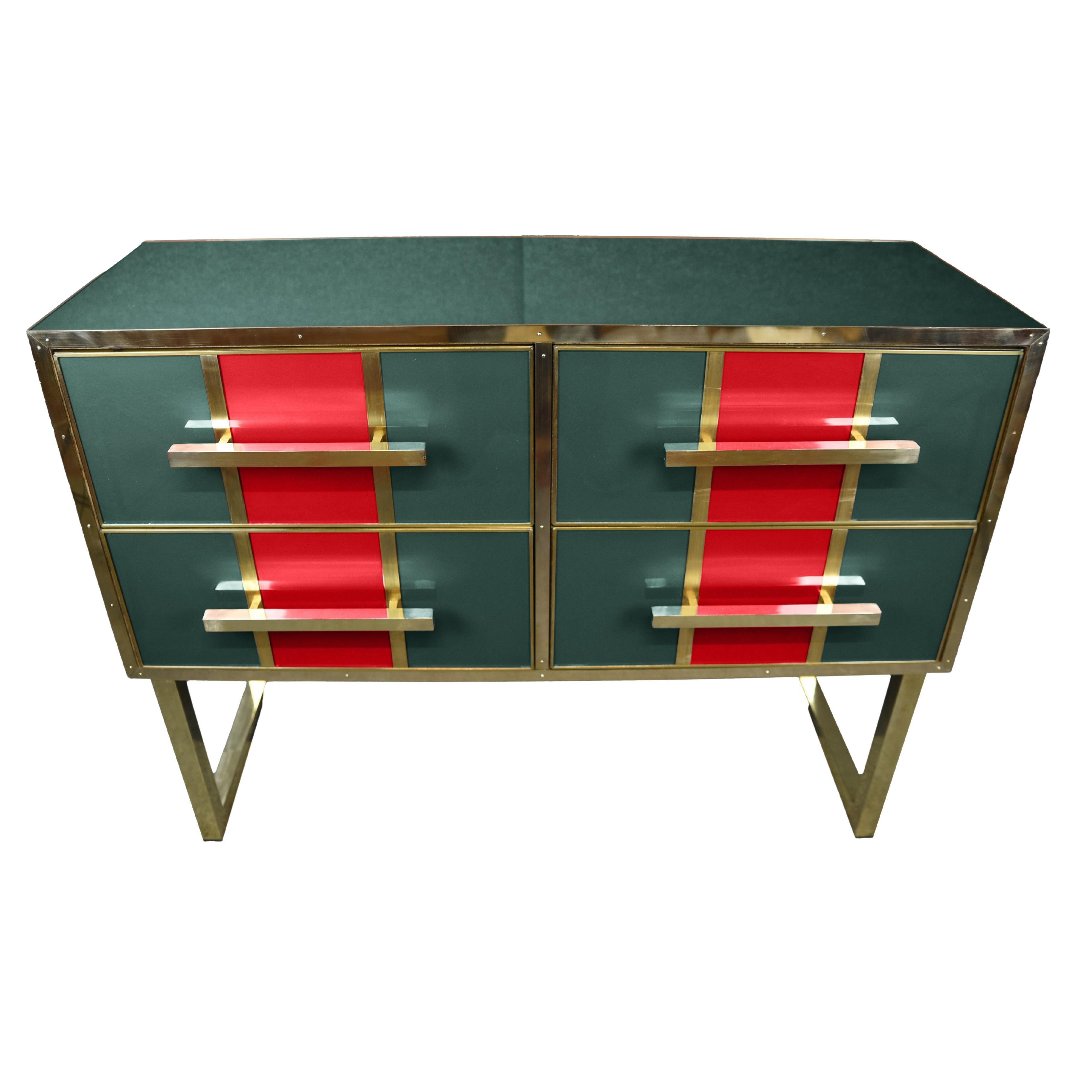 Magnificent Gucci-Inspired Green & Red Murano Chest of Drawers Made in Italy