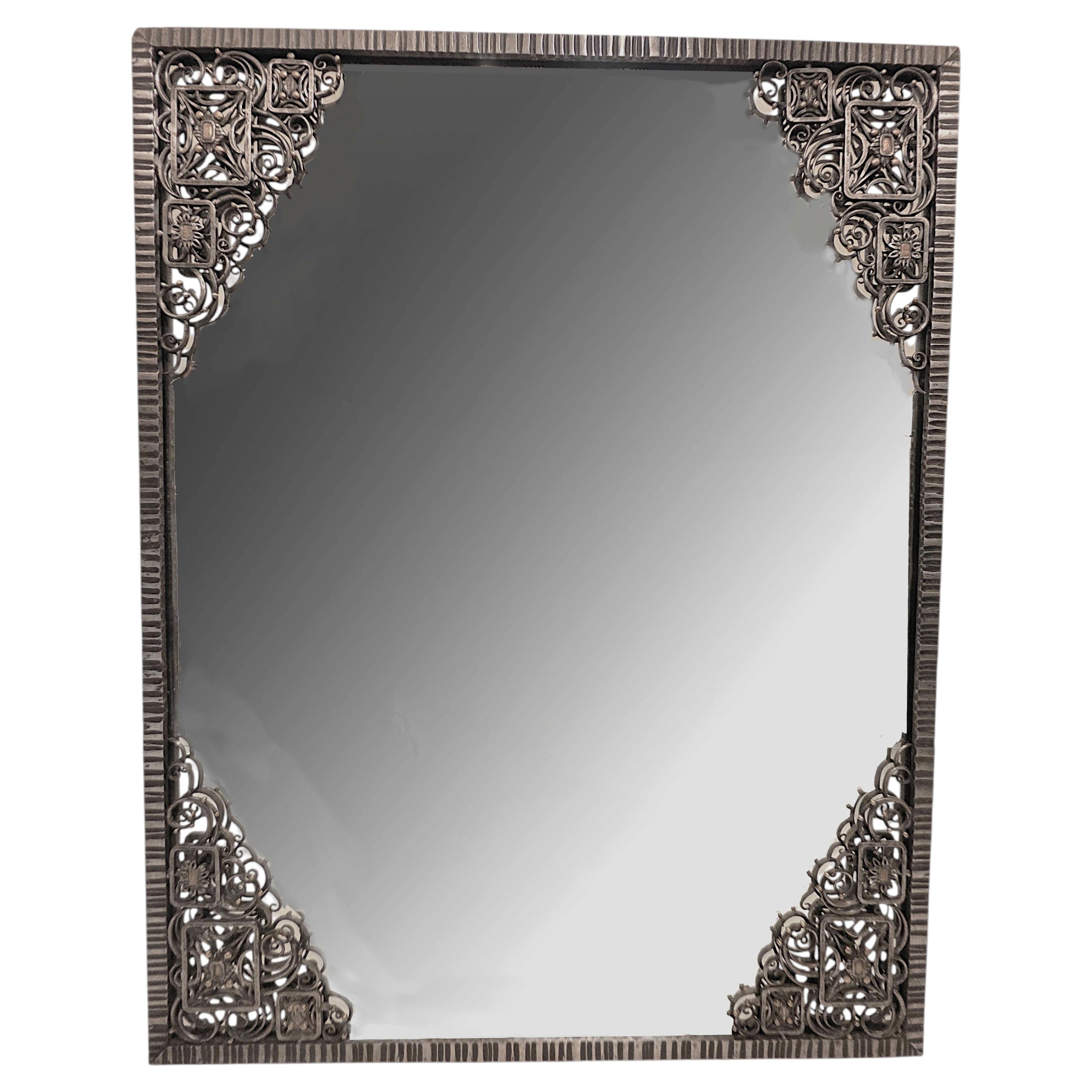 Magnificent hand hammered iron & brass inlaid French Art Deco mirror- Ch. Piguet
