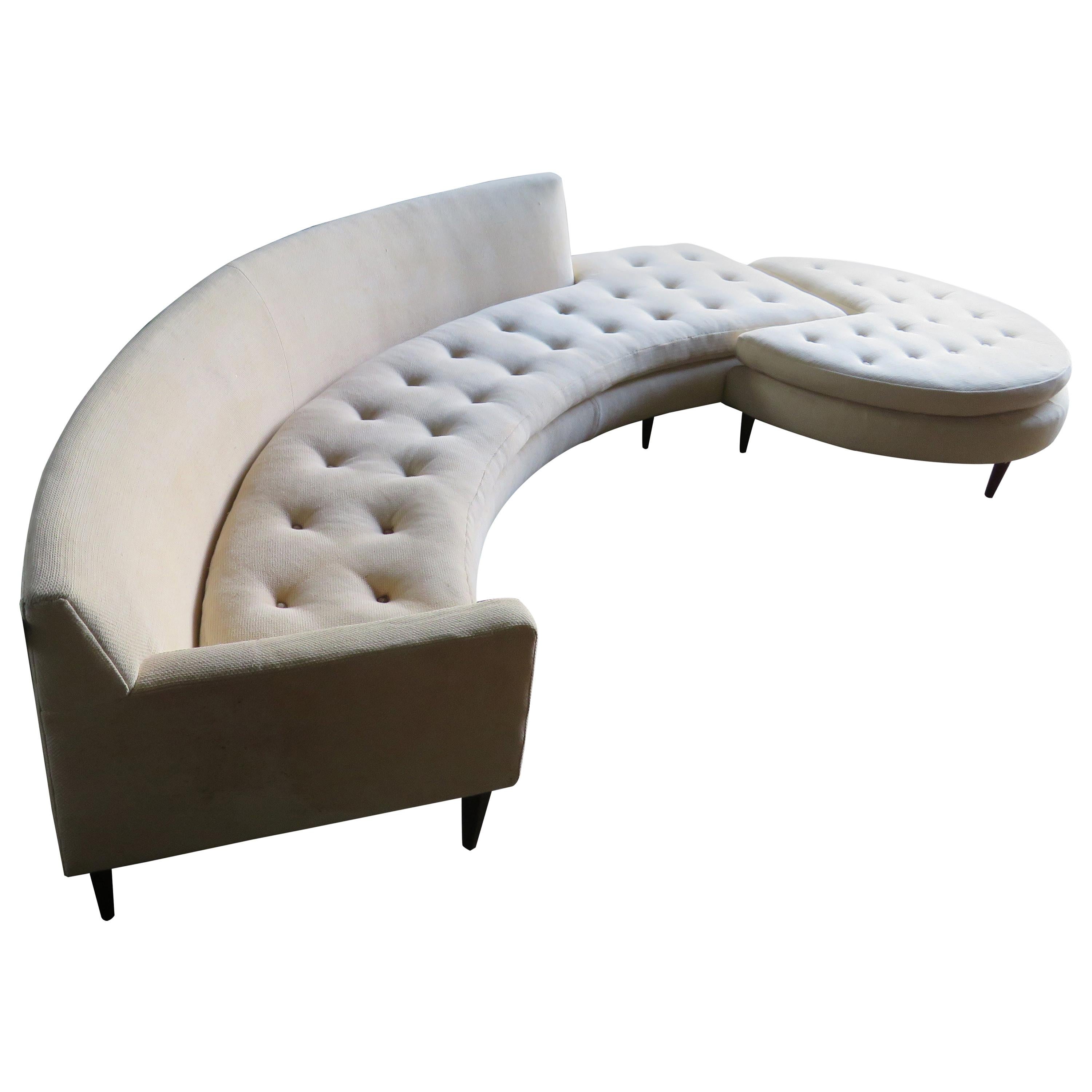 Magnificent Harvey Probber Nuclear Sert curved sofa with matching circular ottoman and triangular table. This sofa set is to die for fabulous-just check out how cool the large curved sofa piece looks with the pacman style round ottoman. There is