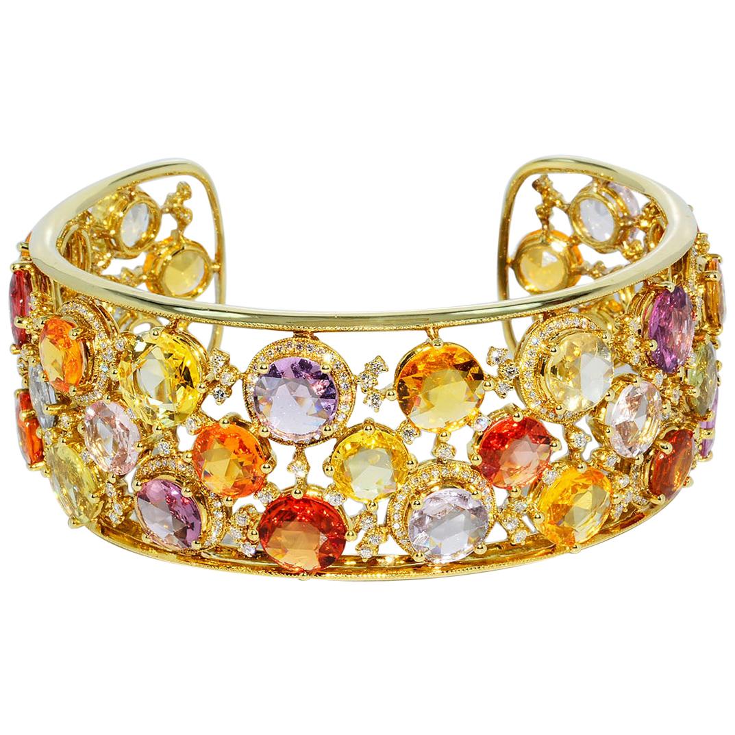 Magnificent Heat Only Multi-Color Sapphire and Diamond Bangle 18 Karat Gold For Sale