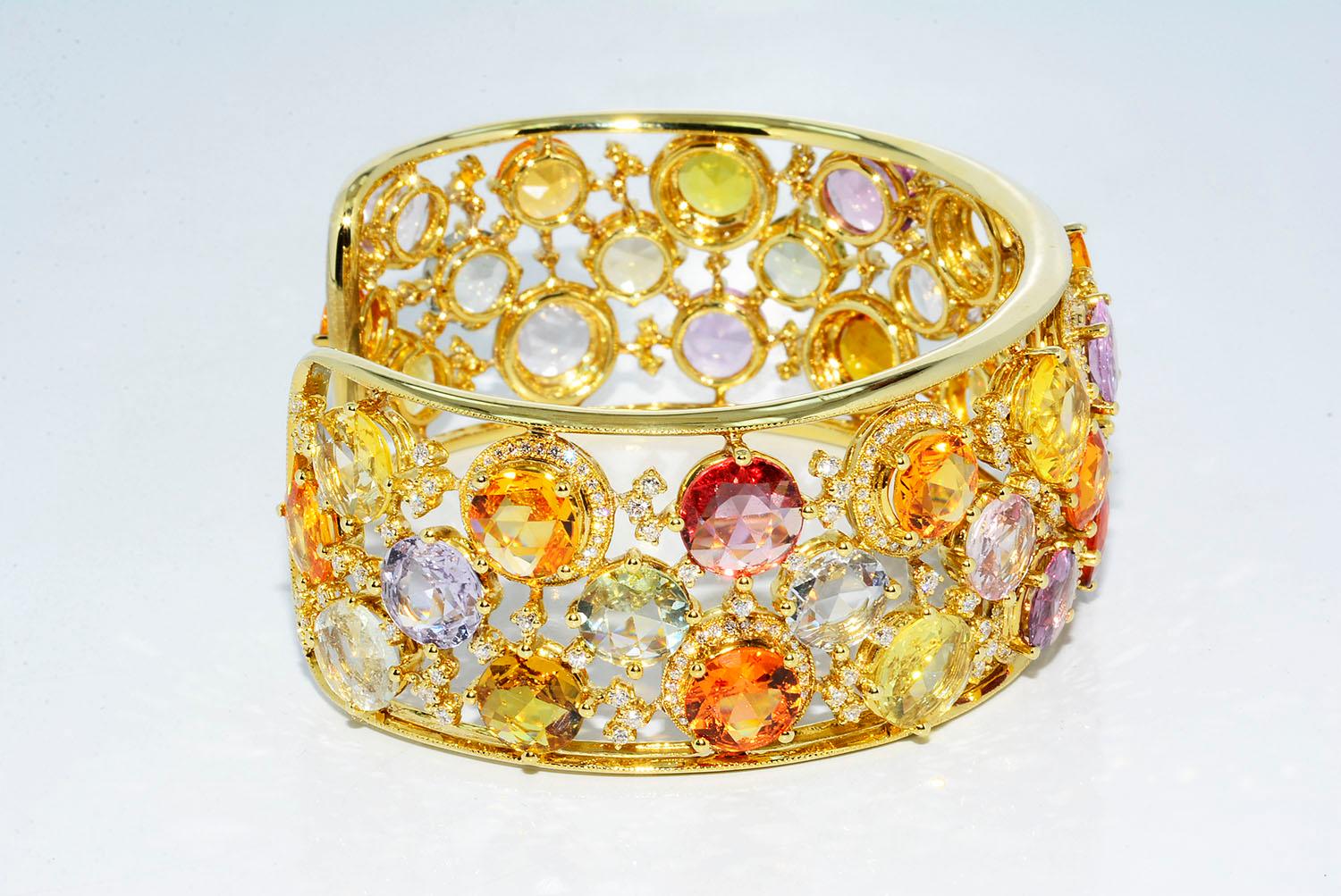Neoclassical Magnificent Heat Only Multi-Color Sapphire and Diamond Bangle 18 Karat Gold For Sale