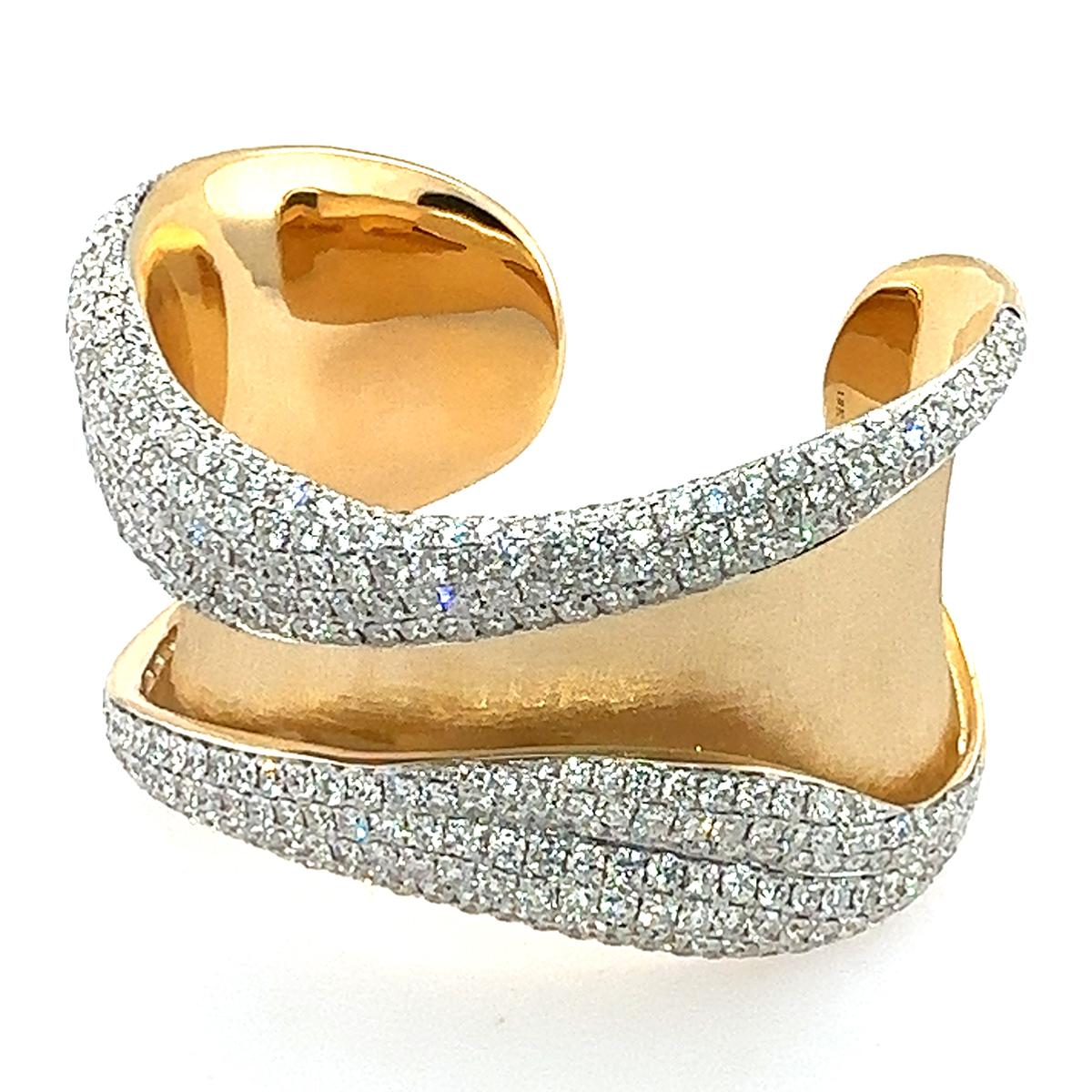 Stunning 18k satin finished cuff bracelet with 422 pave set collection color/clarity, natural round brilliant diamonds weighing 19.01 carats and 102.36 grams of 18k gold.