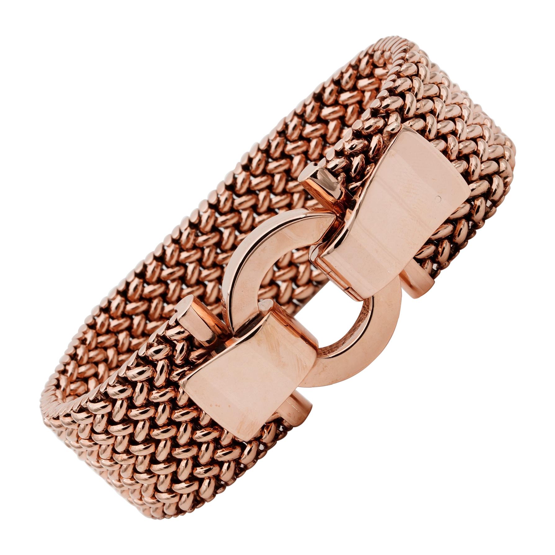 Magnificent Heavy Chunky 1930 Woven Strap 18 Karat Rose Gold Buckle Bracelet For Sale