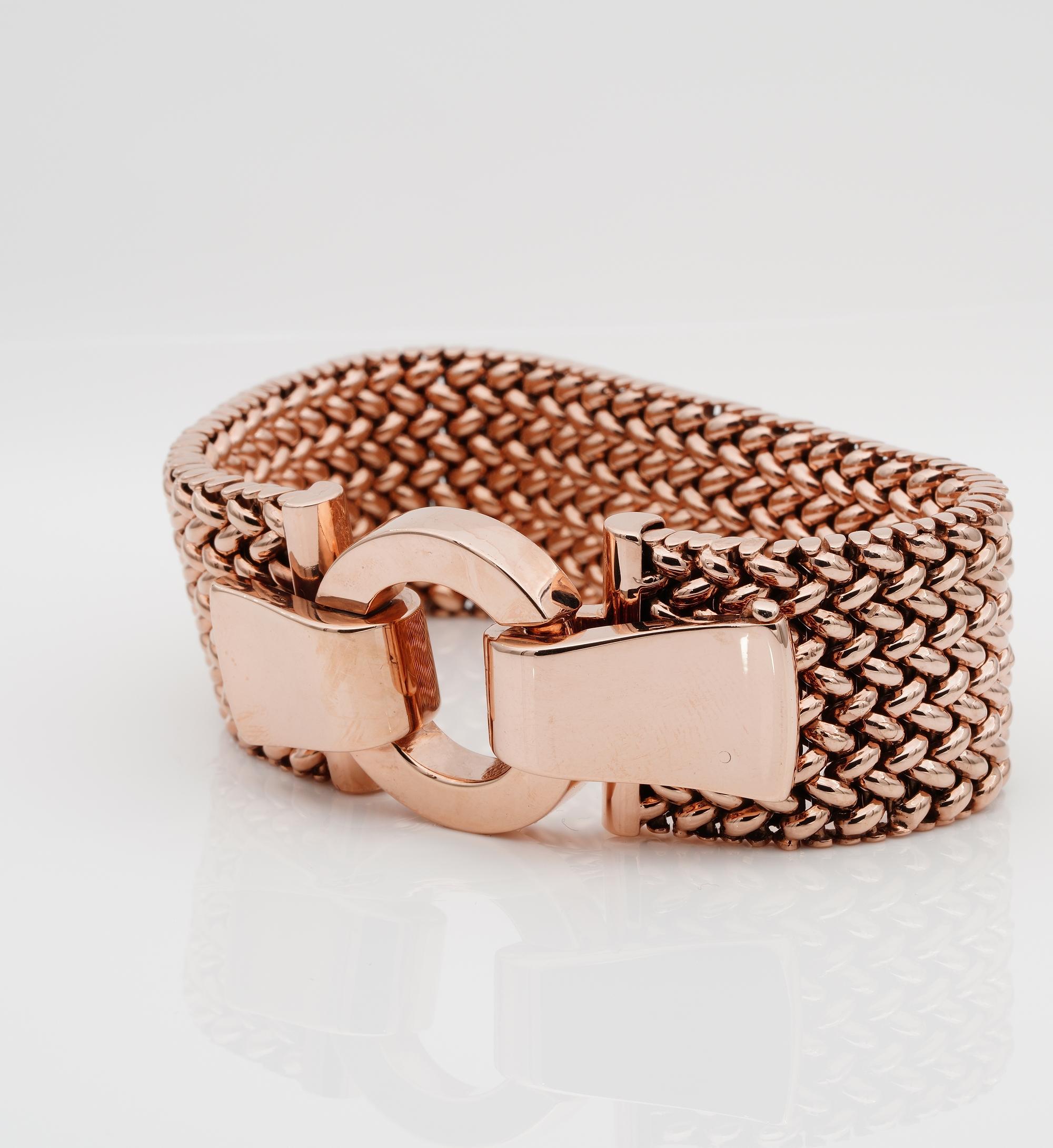 Magnificent Heavy Chunky 1930 Woven Strap 18 Karat Rose Gold Buckle Bracelet For Sale 1