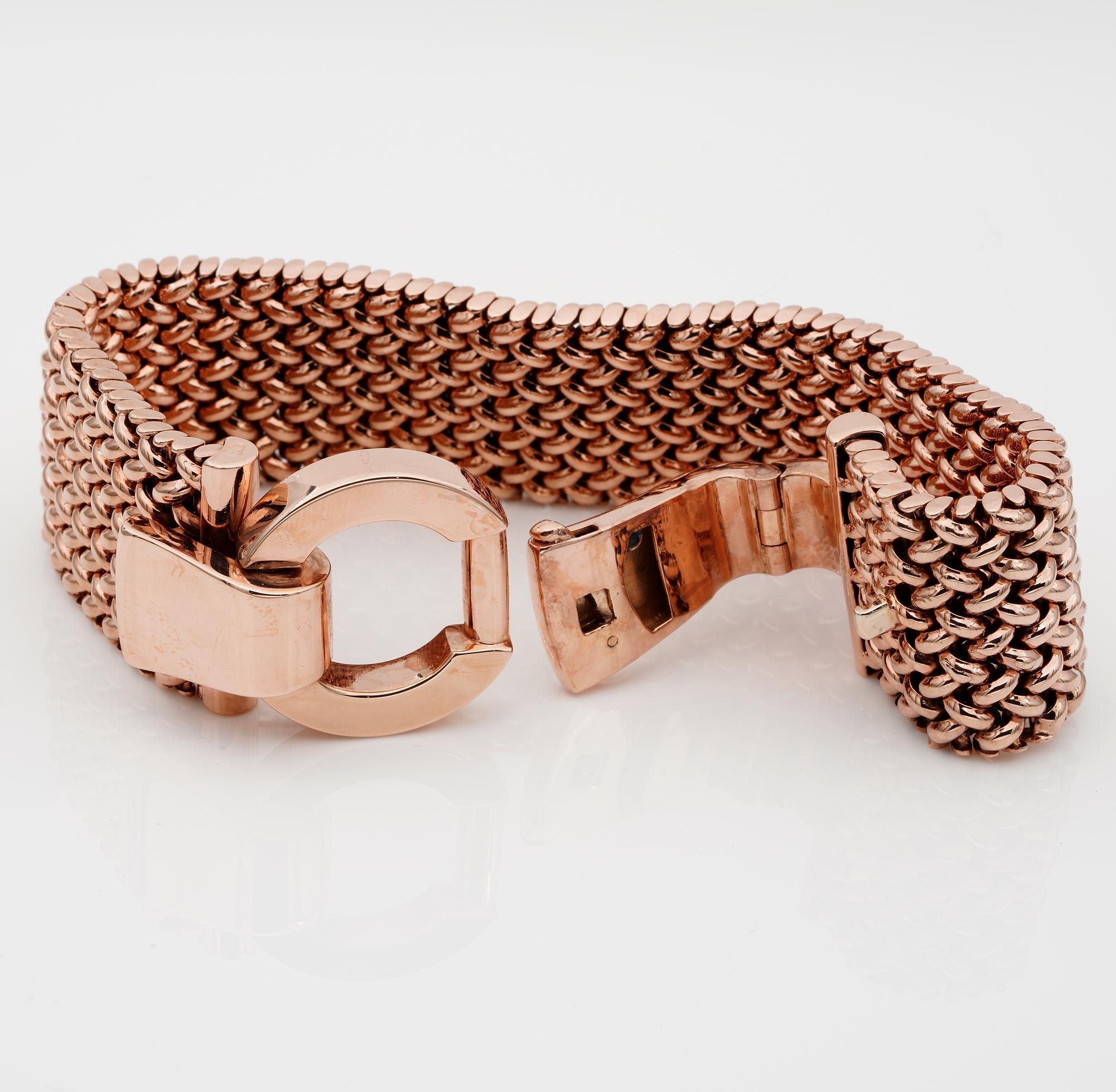 Magnificent Heavy Chunky 1930 Woven Strap 18 Karat Rose Gold Buckle Bracelet For Sale 2