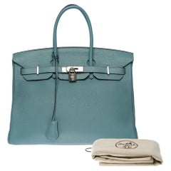 Magnifique sac à main Hermès Birkin 35 en cuir Bleu Ciel Togo, SHW