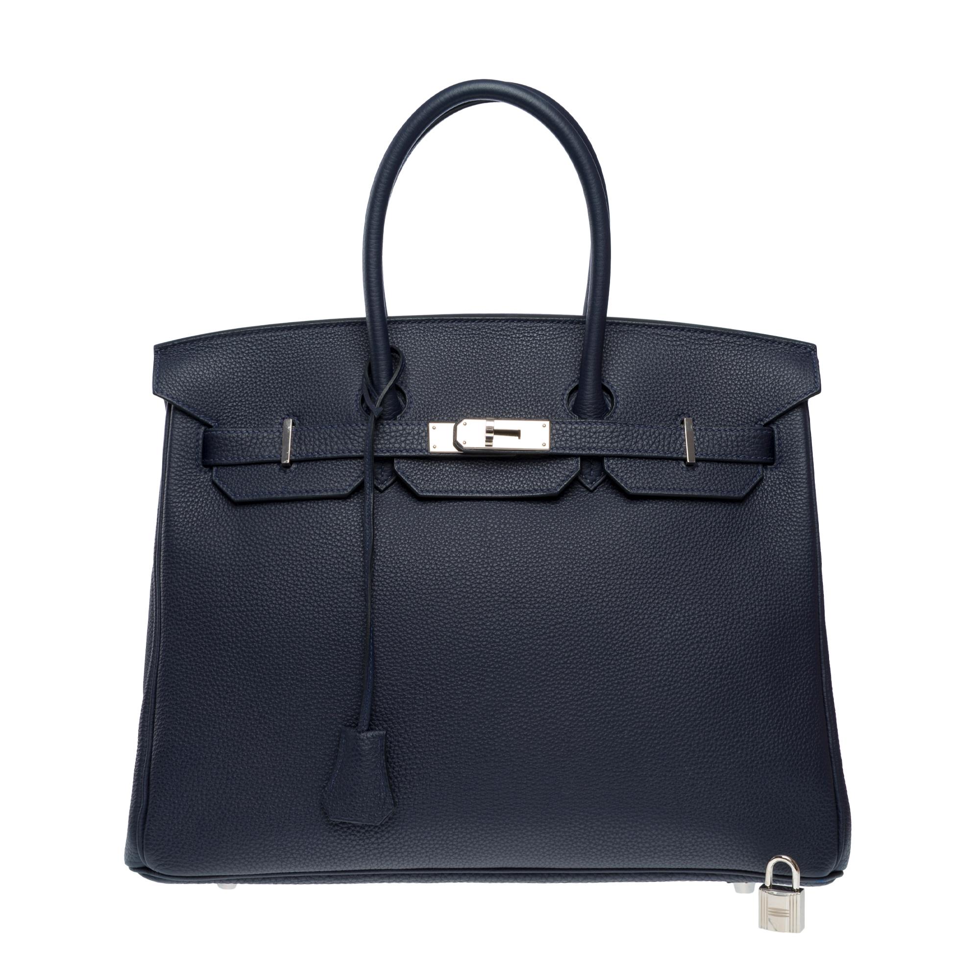 Orange Magnificent Hermès Birkin 35 handbag in Bleu Nuit Togo Calf leather, PHW For Sale