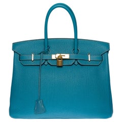 Magnifique sac à main Hermès Birkin 35 en cuir Bleu Saint-Cyr Togo, GHW