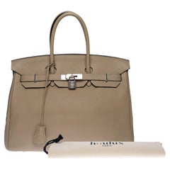 Magnifique sac à main Hermès Birkin 35 en cuir tourterelle gris Togo, SHW