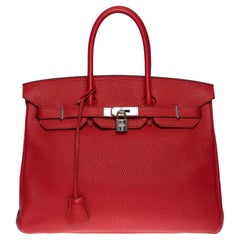 Magnifique sac à main Hermès Birkin 35 en cuir Rouge Casaque Togo, SHW