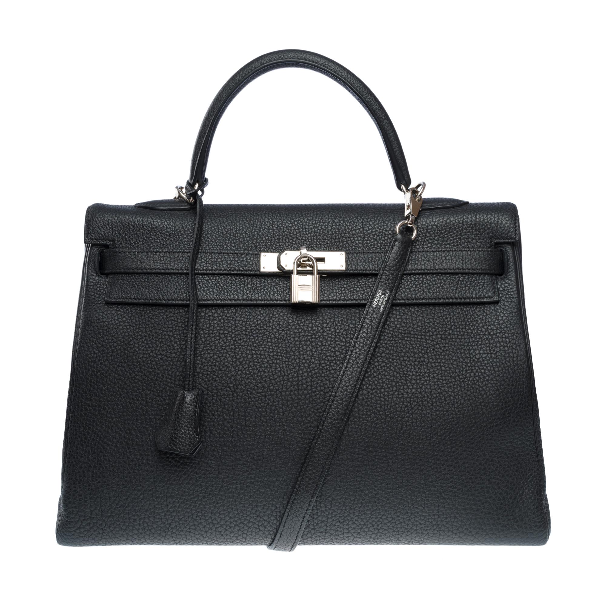 Magnificent Hermès Kelly 35 retourne handbag strap in Black Togo leather , PHW In Good Condition In Paris, IDF