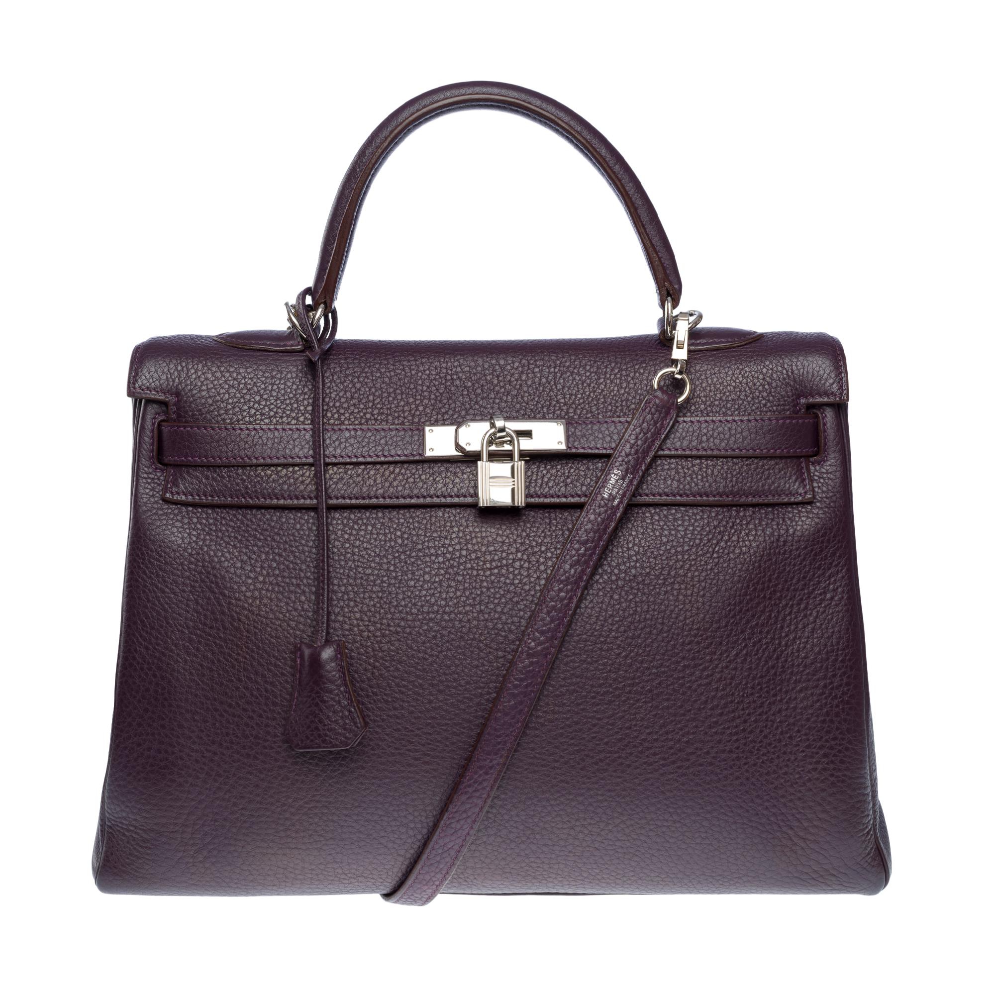 Black Magnificent Hermès Kelly 35 retourne handbag strap in Raisin Togo leather , SHW For Sale