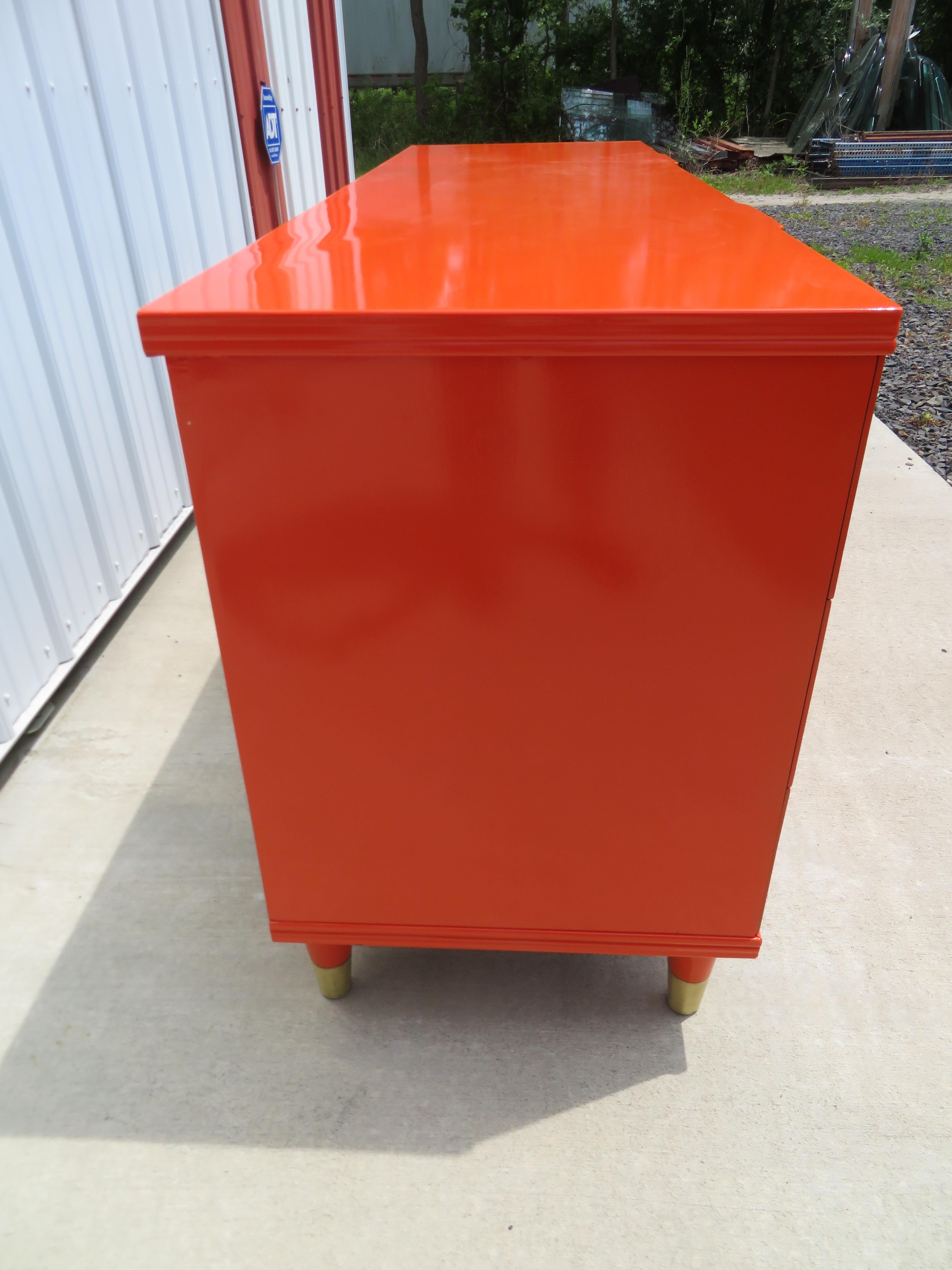 Lacquered Magnificent Hermes Orange Widdicomb Credenza Asian Brass Mid-Century Modern For Sale