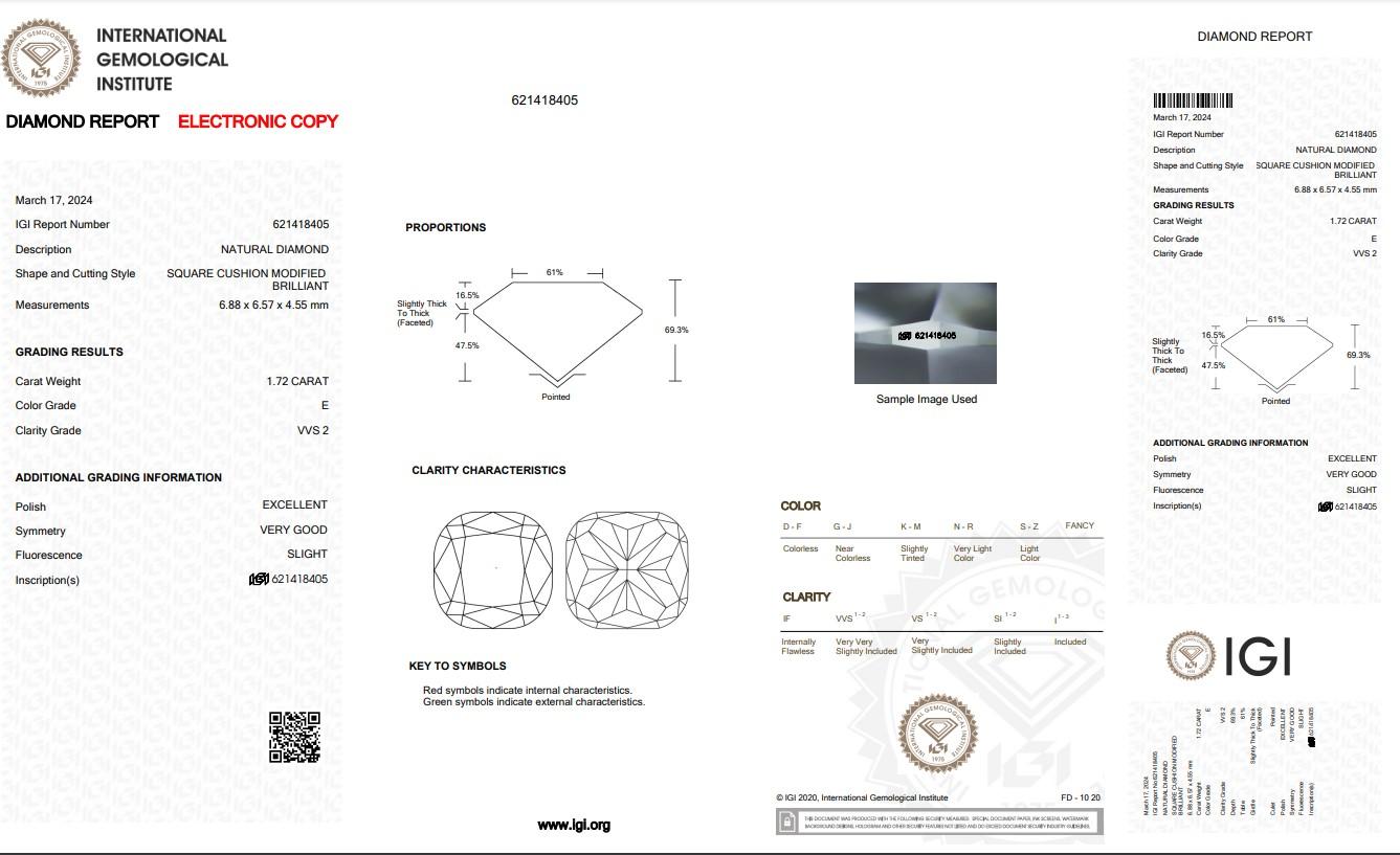 Cushion Cut Magnificent Ideal Cut 1pc Natural Diamond w/1.72ct - IGI Certified For Sale