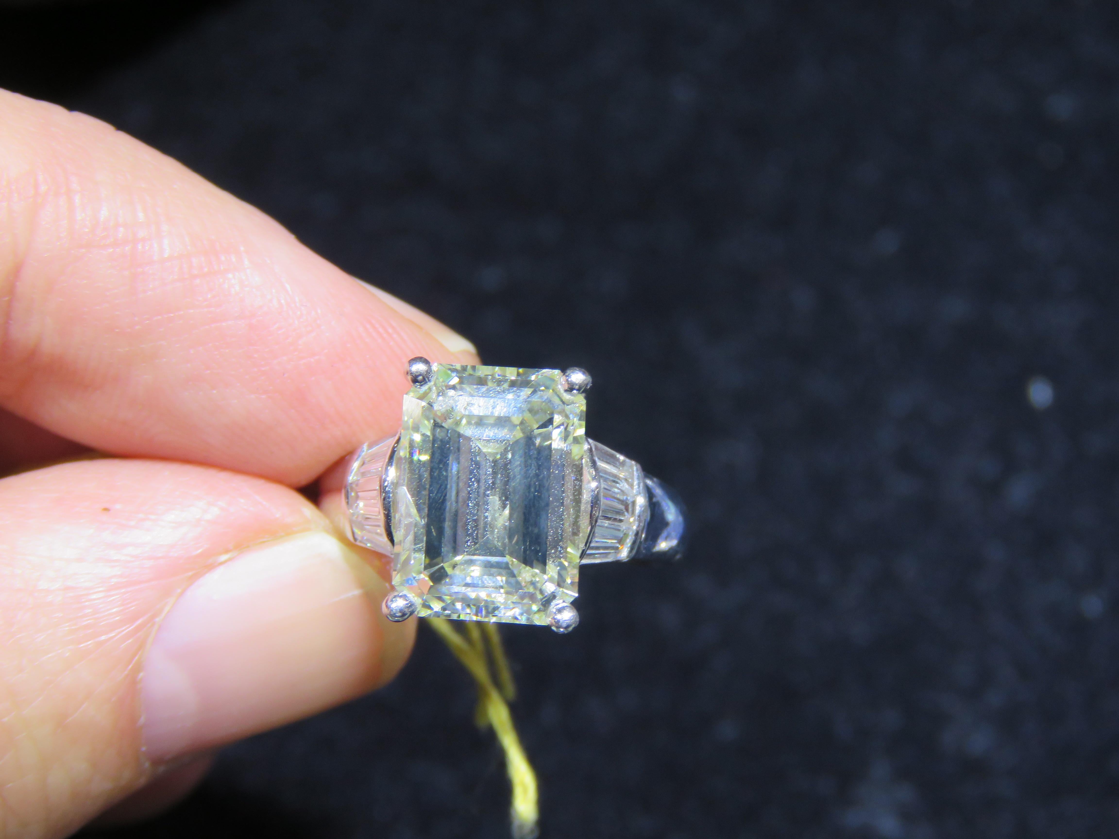 The Following Item we are offering is this Beautiful Rare Important 18KT Gold Large Glittering Fancy Large Diamond Ring. Ring is comprised of a Large 5.91CT Diamond adorned with 2 Rare Diamond Baguettes totaling .90CTS, T.C.W 6.80CTS!!  This