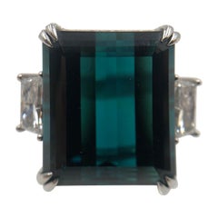 Magnificent Indicolite Tourmaline and Diamond Platinum Ring