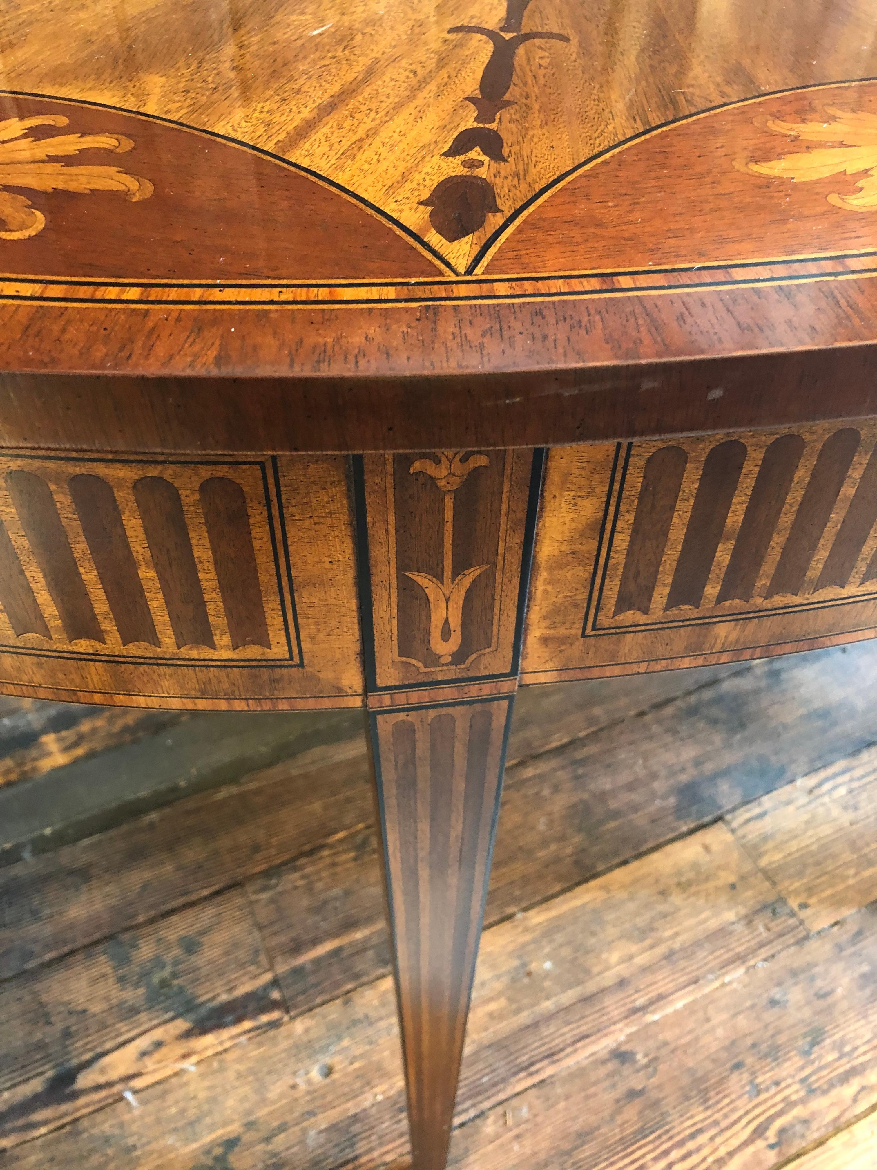 Magnificent Inlaid Mixed Wood Demilune Console Table In Good Condition For Sale In Hopewell, NJ