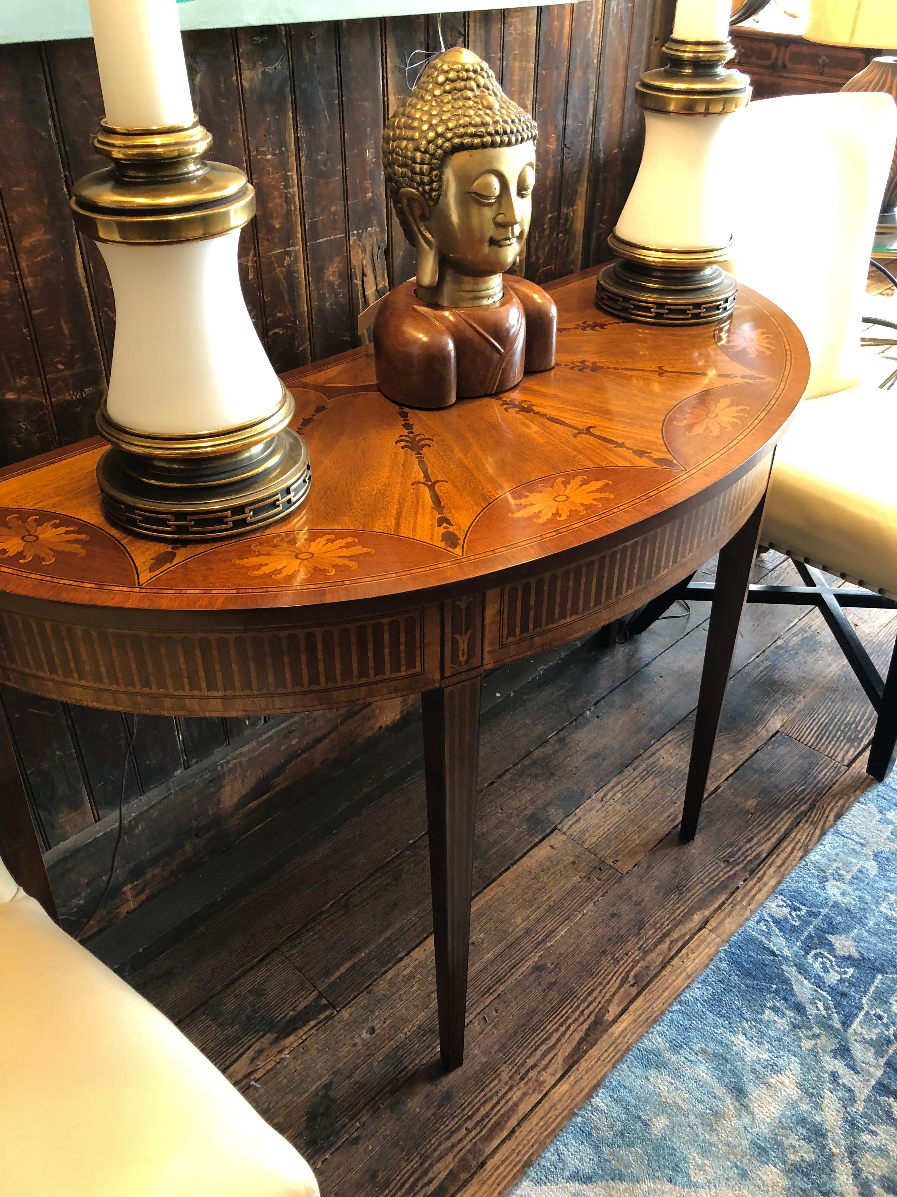 Magnificent Inlaid Mixed Wood Demilune Console Table For Sale 2