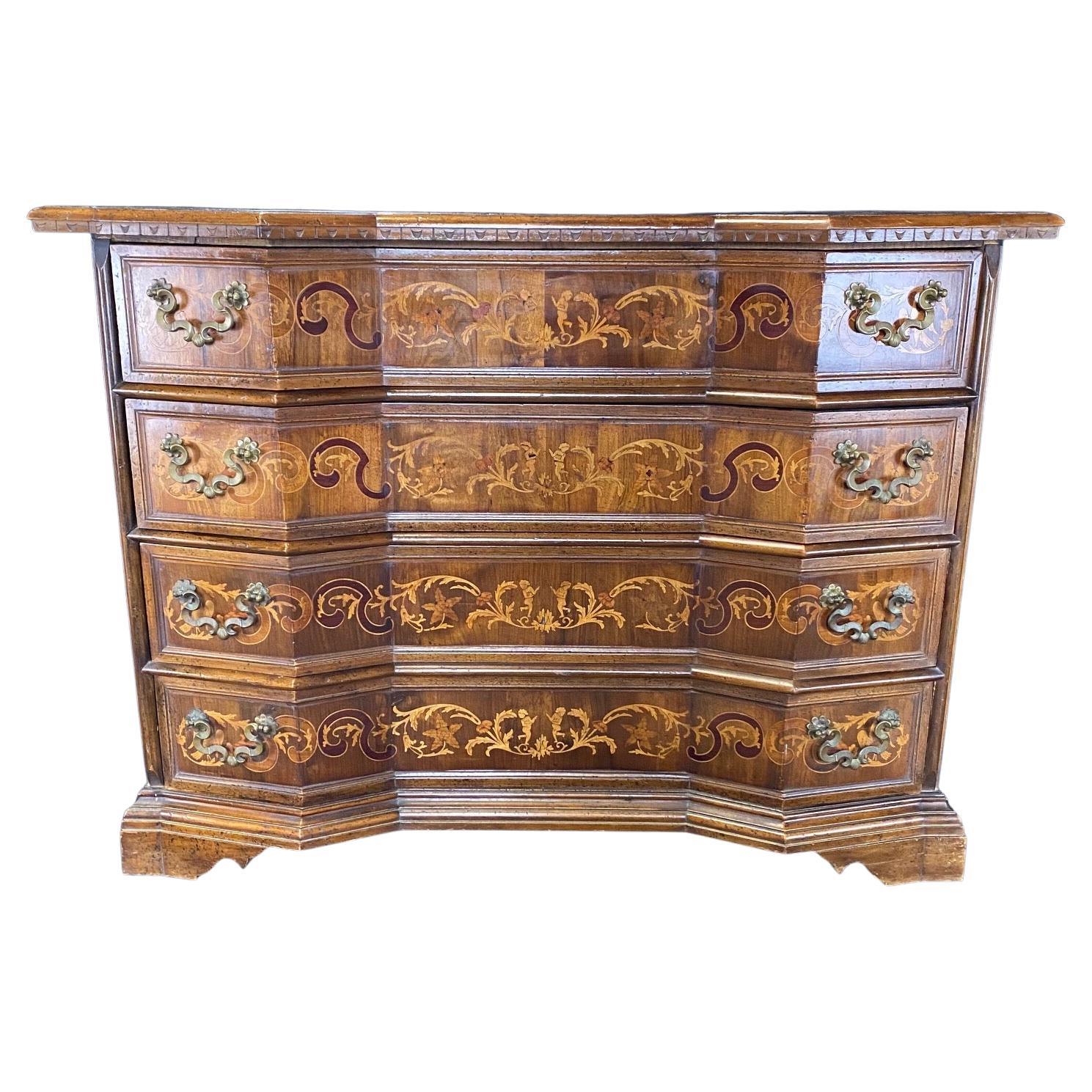 Magnificent Inlaid Mixed Wood Italian Serpentine Chest of Drawers For Sale