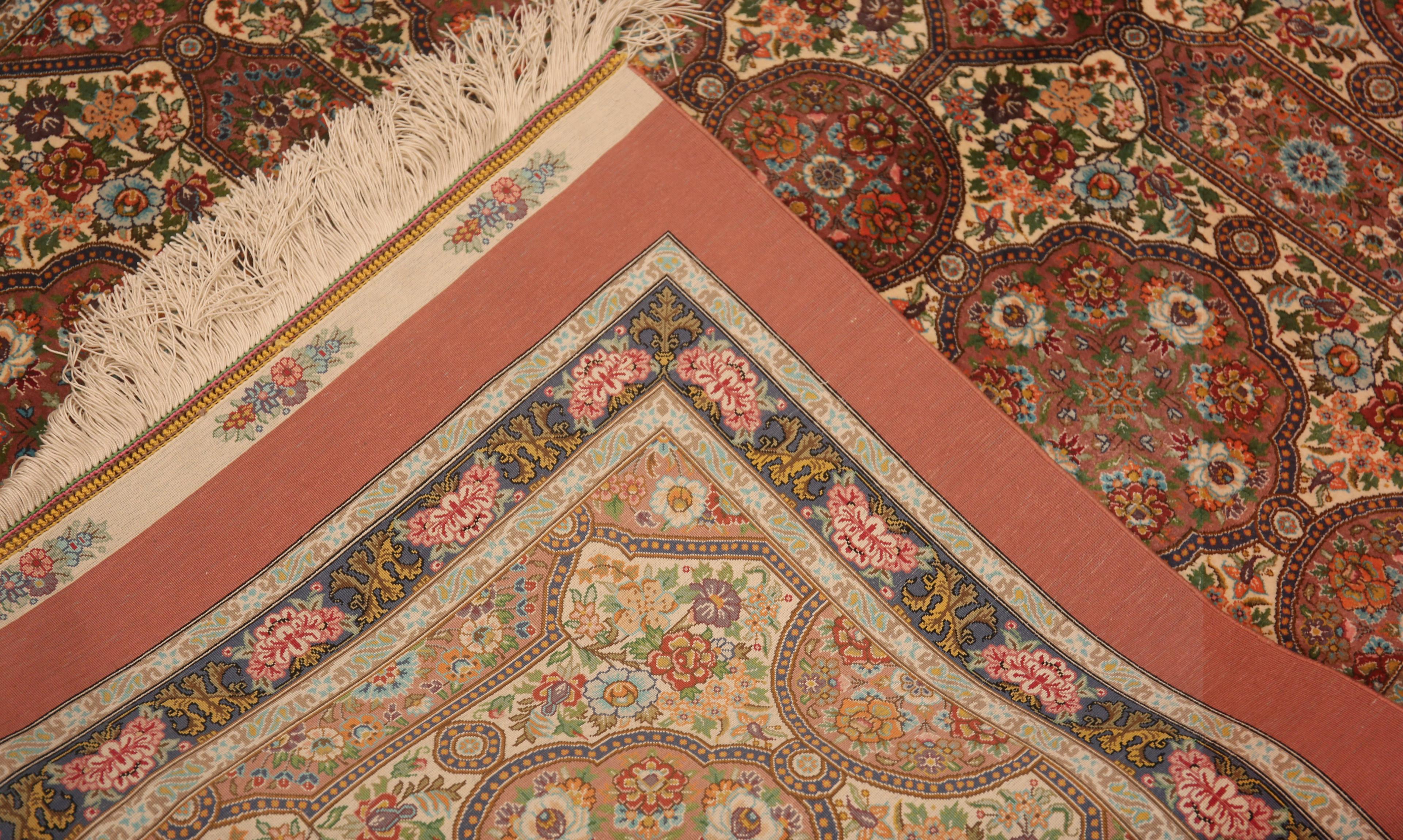 Hand-Knotted Magnificent Intricate Floral Vintage Persian Silk Qum Runner Rug 3'7