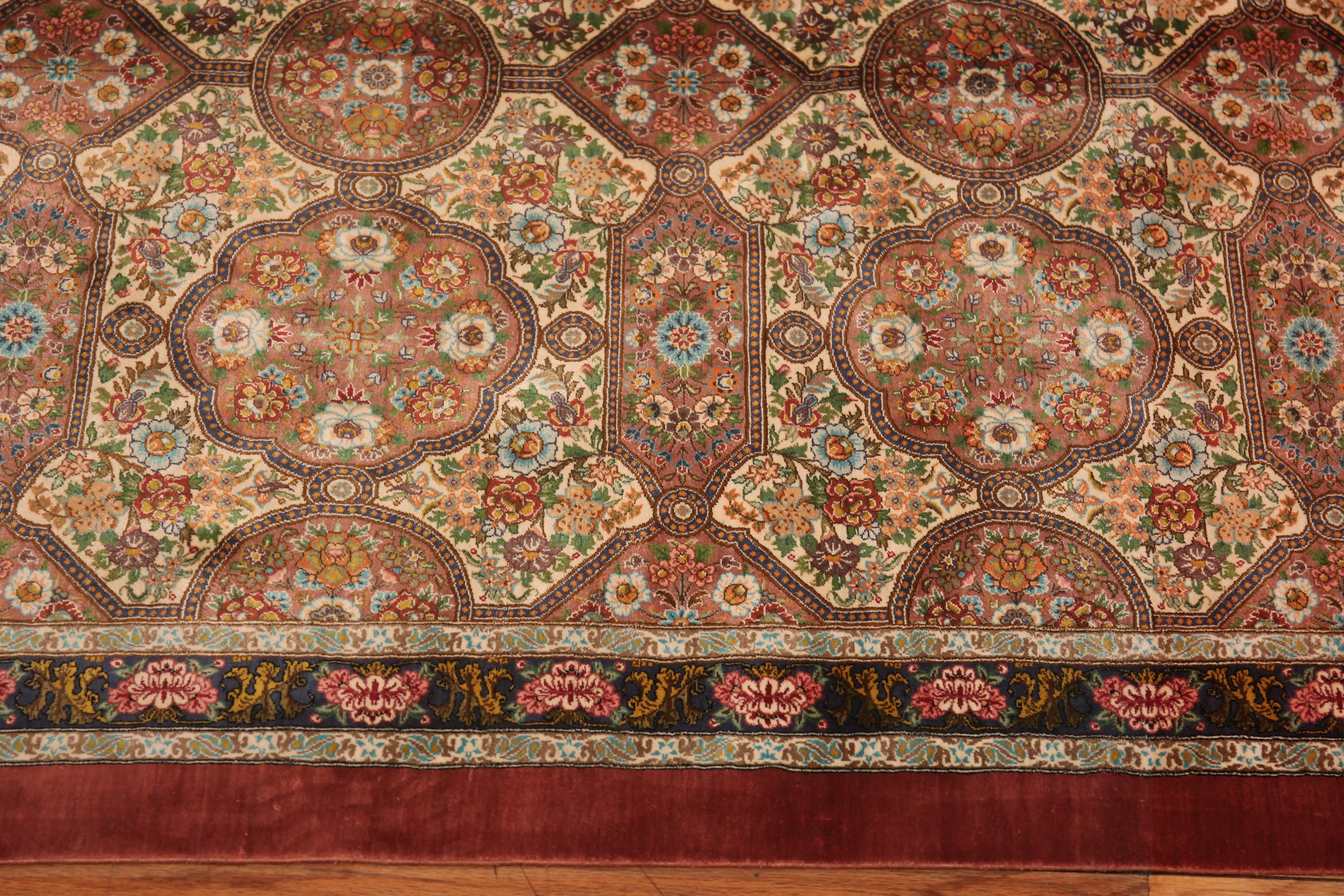 20th Century Magnificent Intricate Floral Vintage Persian Silk Qum Runner Rug 3'7