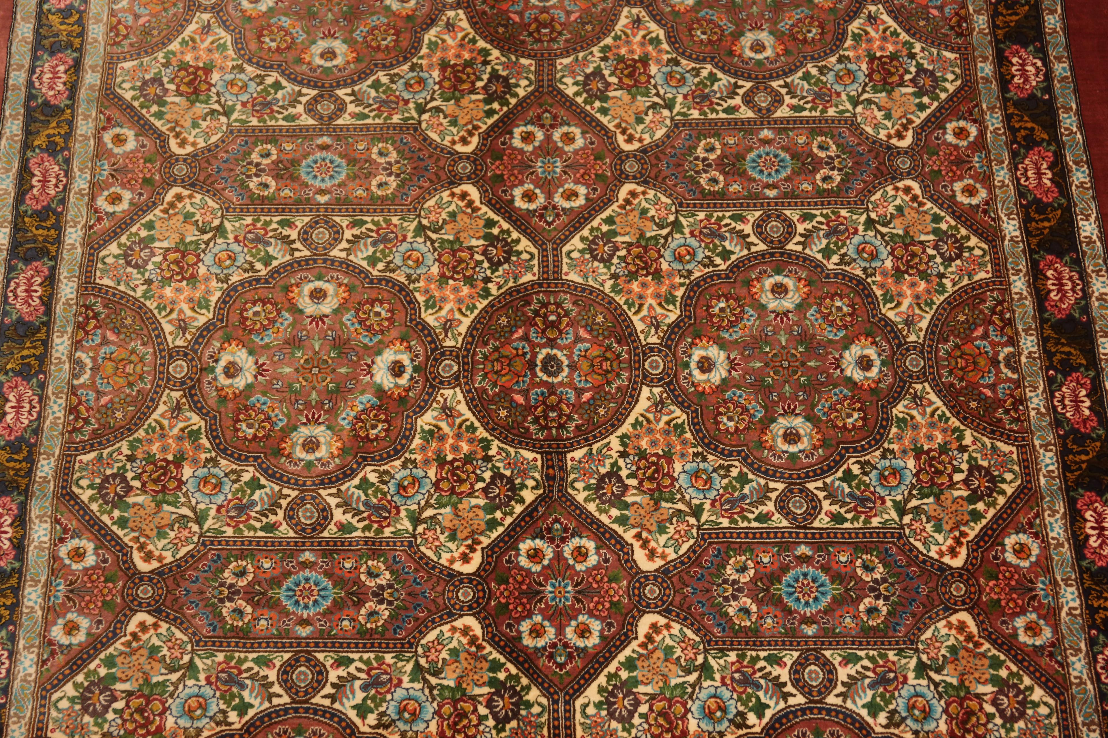 Magnificent Intricate Floral Vintage Persian Silk Qum Runner Rug 3'7