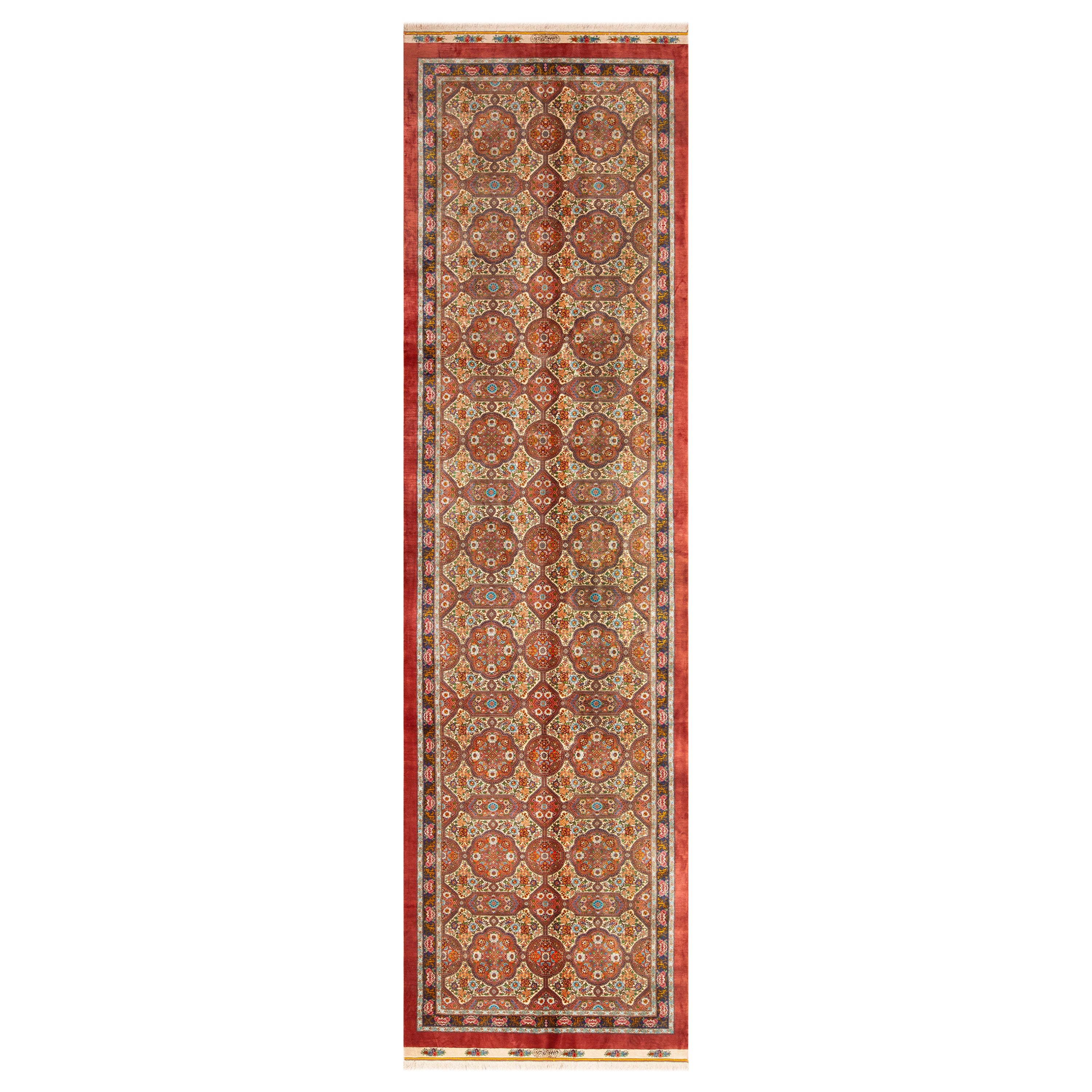 Prächtiger aufwändiger, komplizierter, geblümter Vintage persischer Qum-Läufer aus Seide 3'7" x 12'9"
