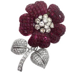 Magnificent Invisibly Set Ruby Diamond Flower Brooch