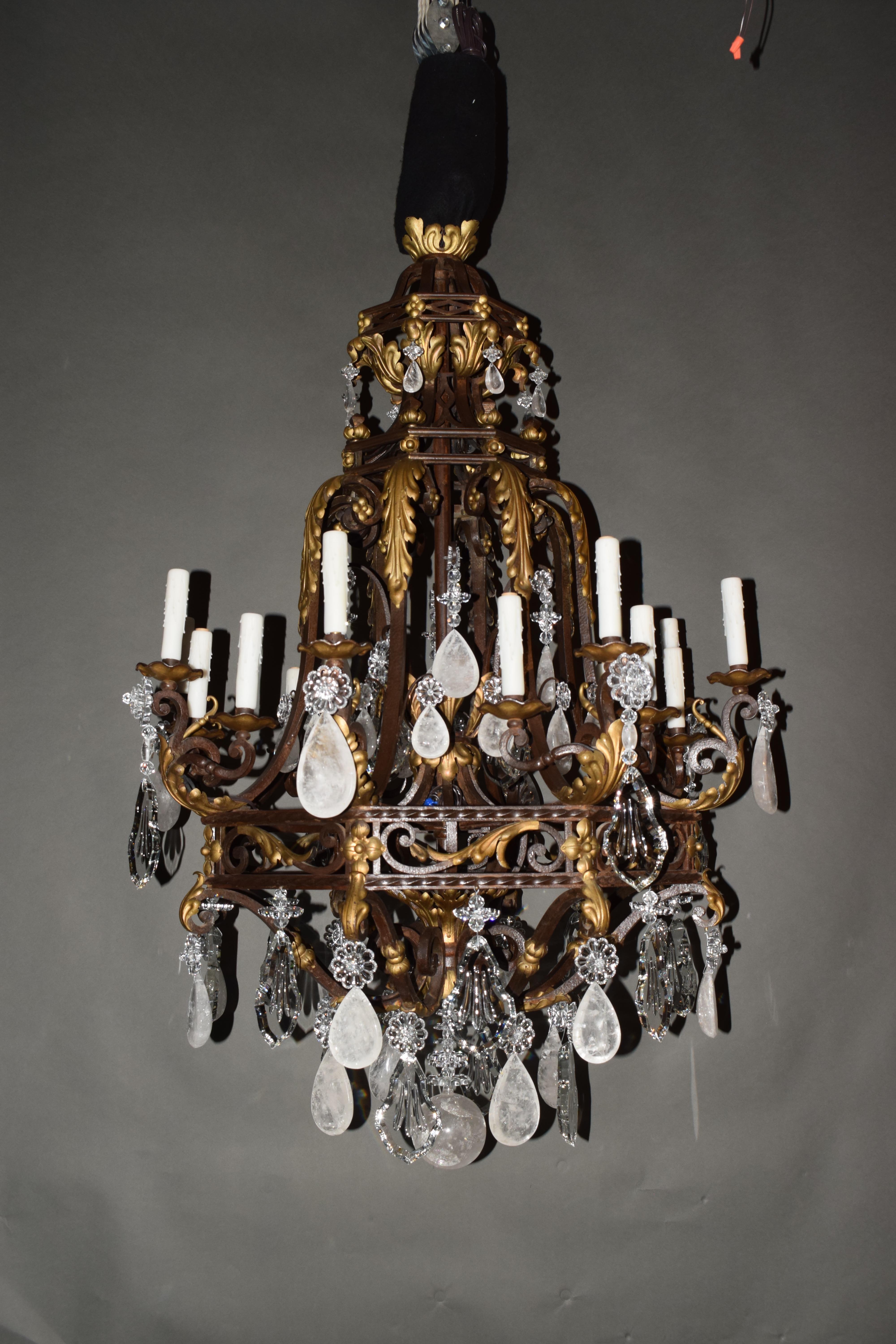 French Magnificent Iron, Crystal & Rock Crystal Chandelier