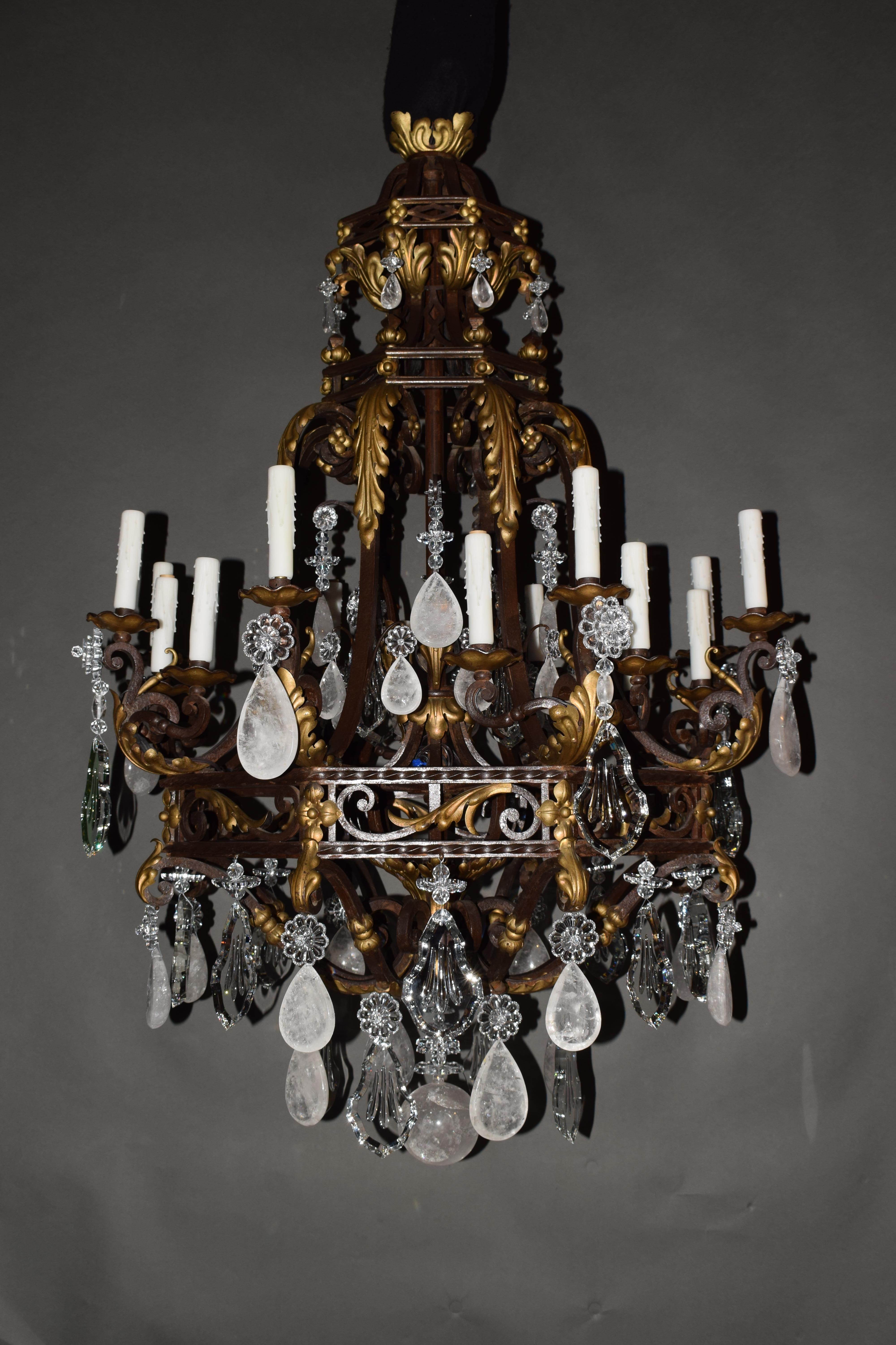 Late 19th Century Magnificent Iron, Crystal & Rock Crystal Chandelier