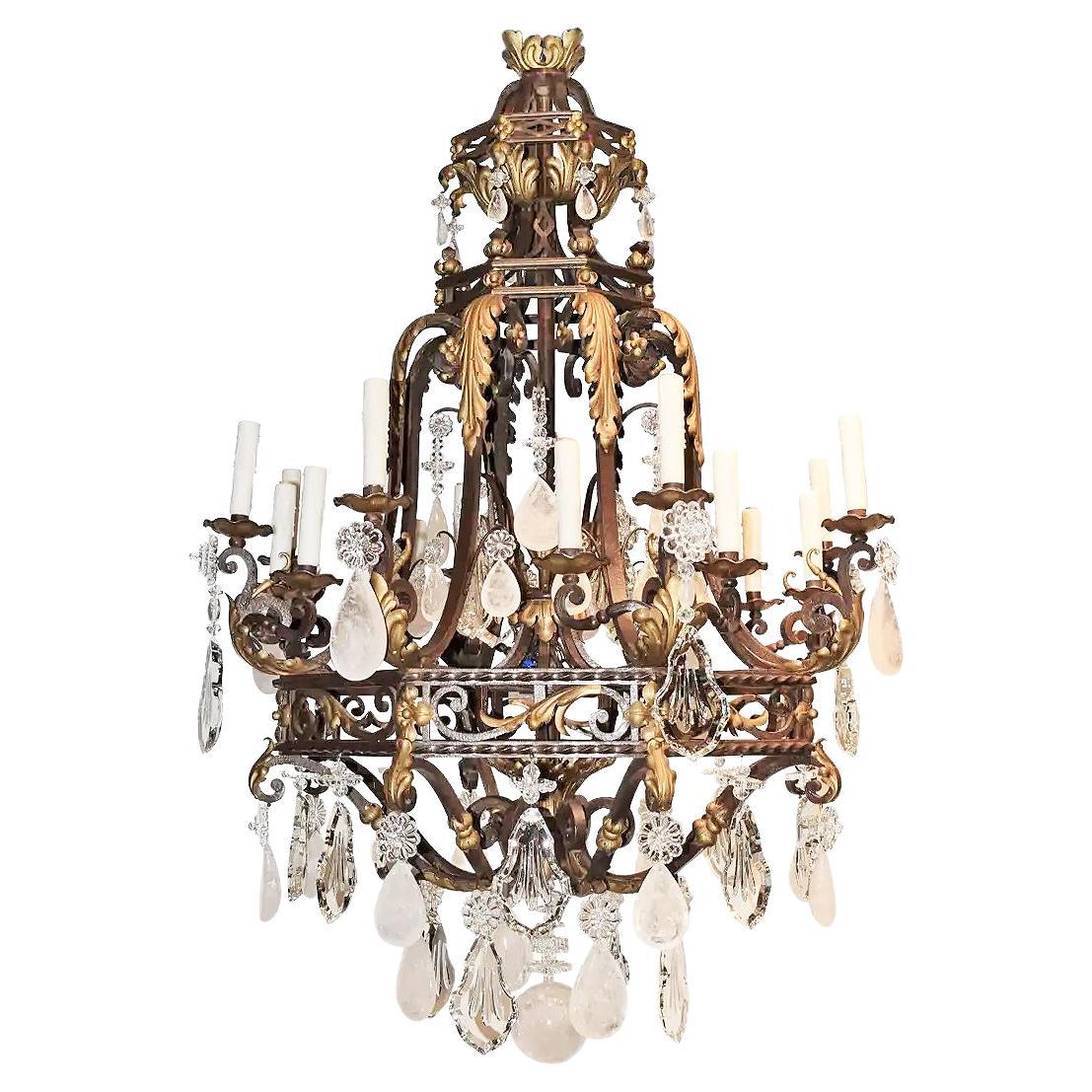 Magnificent Iron, Crystal & Rock Crystal Chandelier