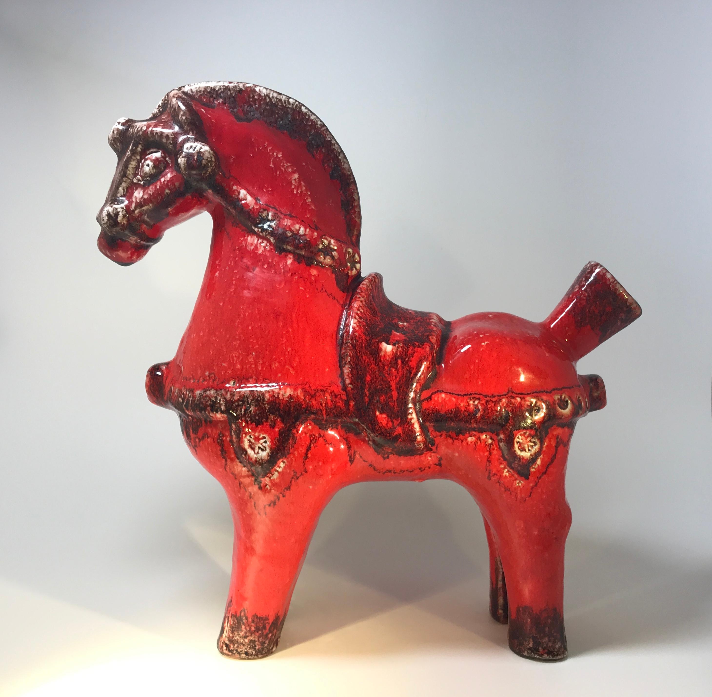 Mid-Century Modern Magnifique cheval italien 1960 Nuovo Rinascemento en céramique rouge et noire en vente