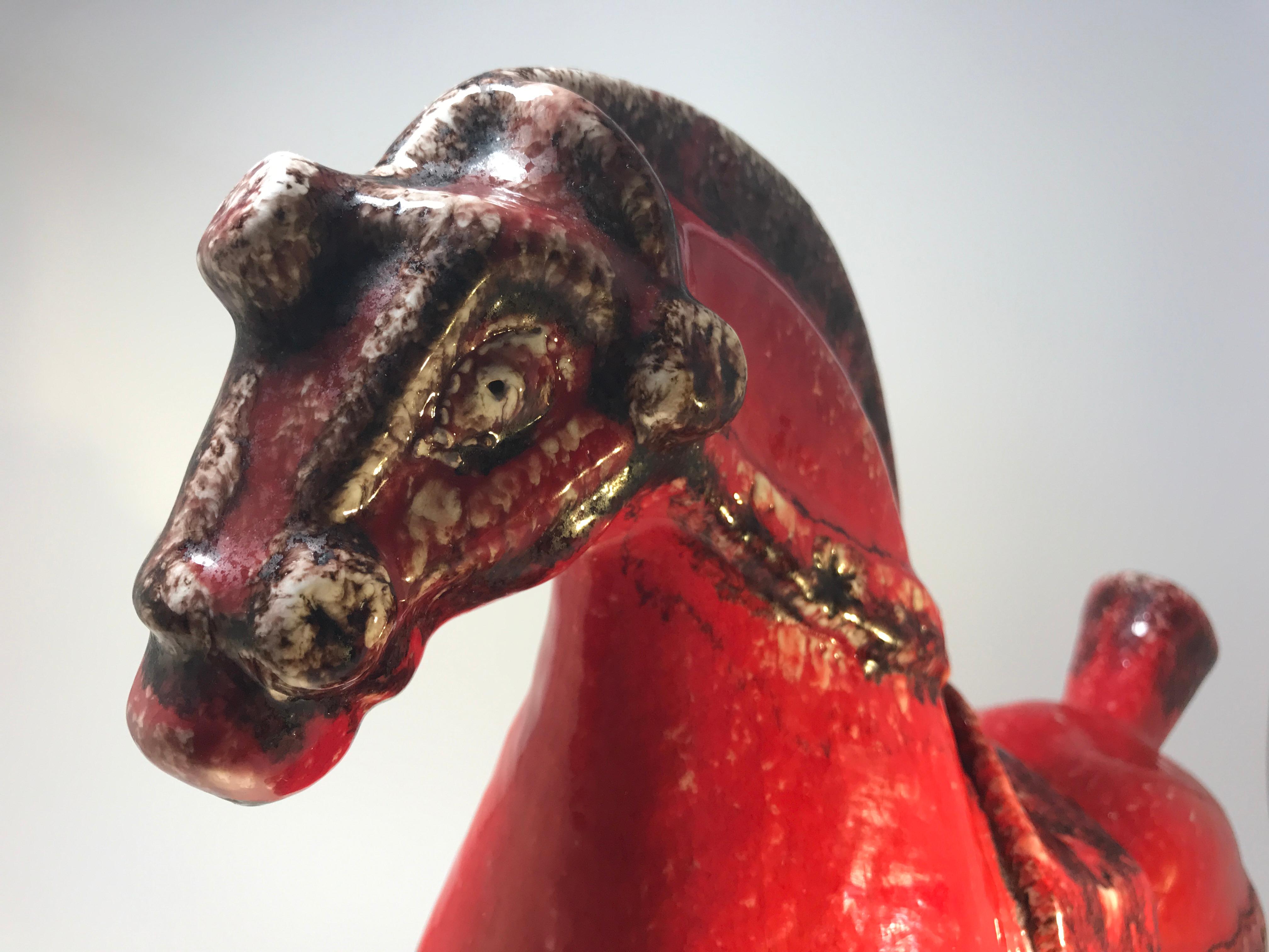 20th Century Magnificent Italian 1960 Nuovo Rinascemento Red and Black Ceramic Horse  For Sale