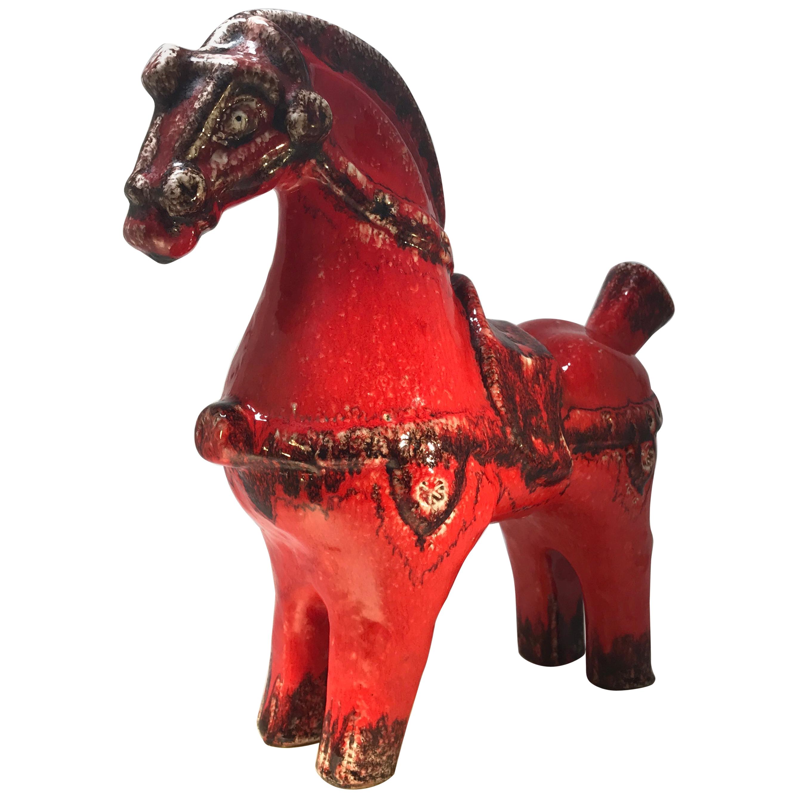 Magnifique cheval italien 1960 Nuovo Rinascemento en céramique rouge et noire en vente