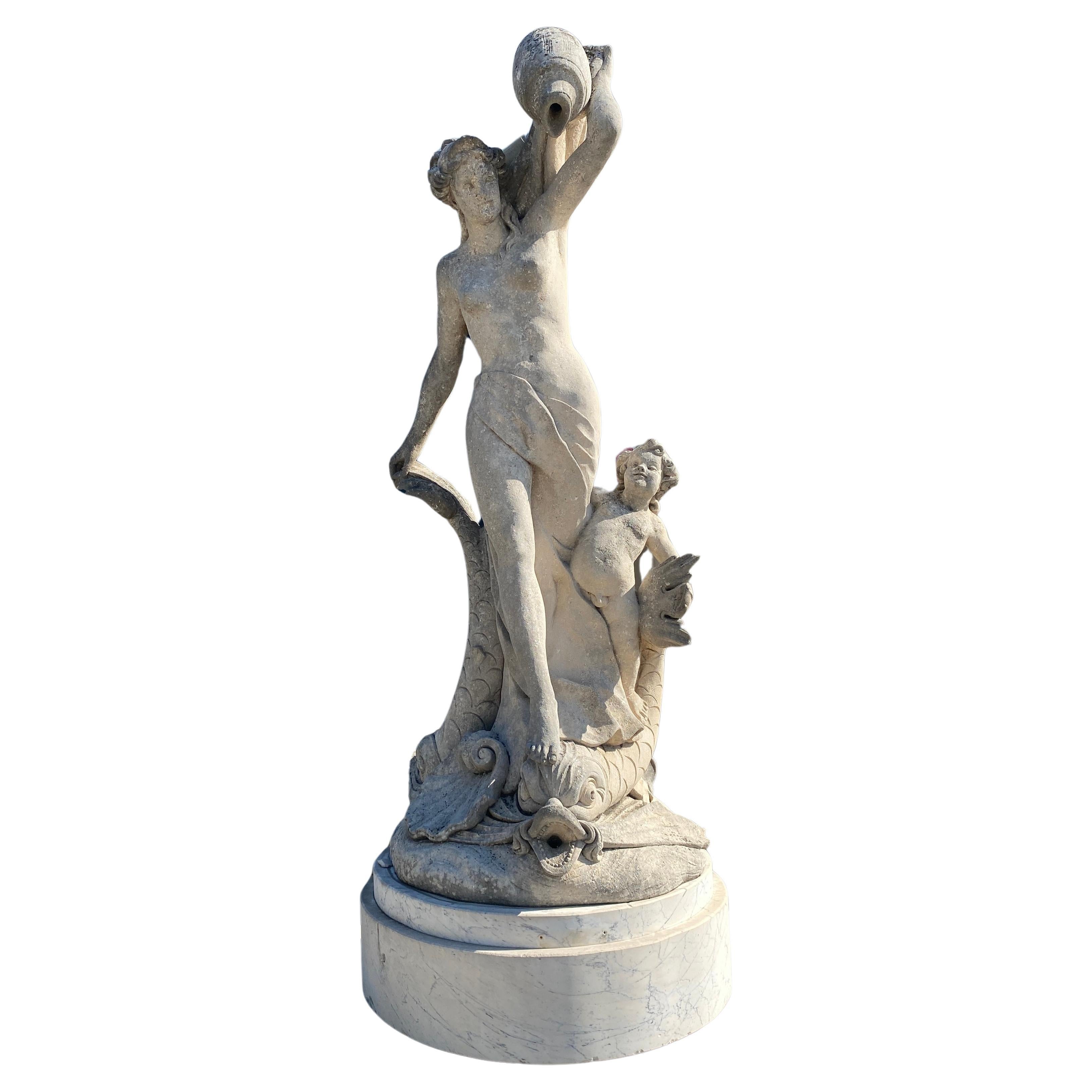 Magnificent Italian Fountain Sculpture of Goddess with Delphines  For Sale 5