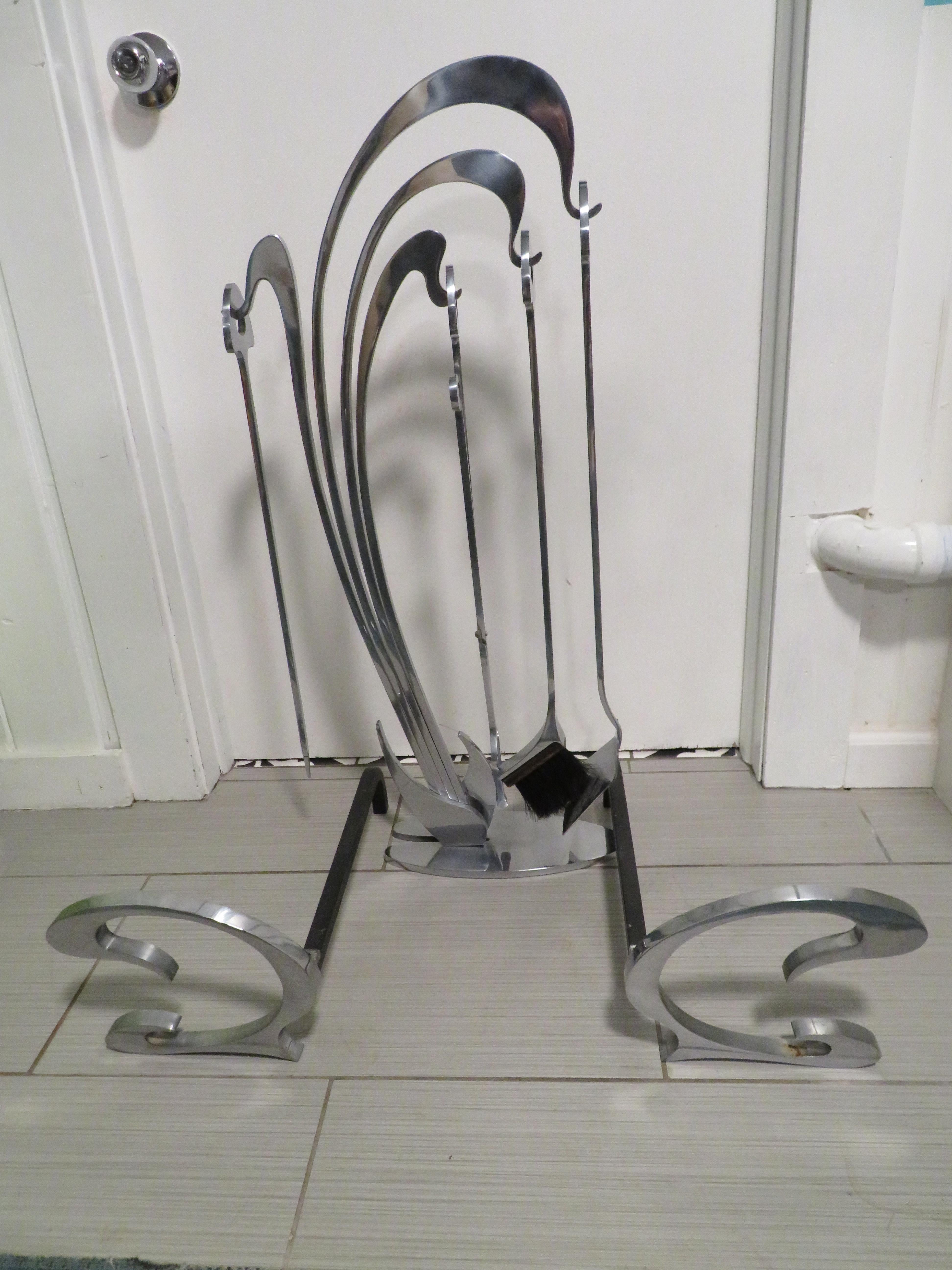 Magnificent Jacques Charles Art Nouveau Fireplace Tools Set with Andirons For Sale 9