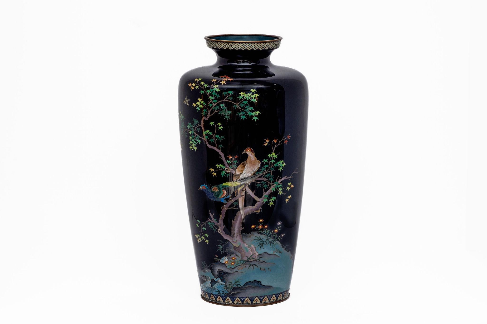 A Magnificent Japanese Meiji Period Silver-Wire Cloisonné Enamel Vase with Pheasants and Maple Leaves, Attributed to Inaba

An exceptional Japanese cloisonné enamel vase from the Meiji period, attributed to the renowned Inaba workshop, celebrated