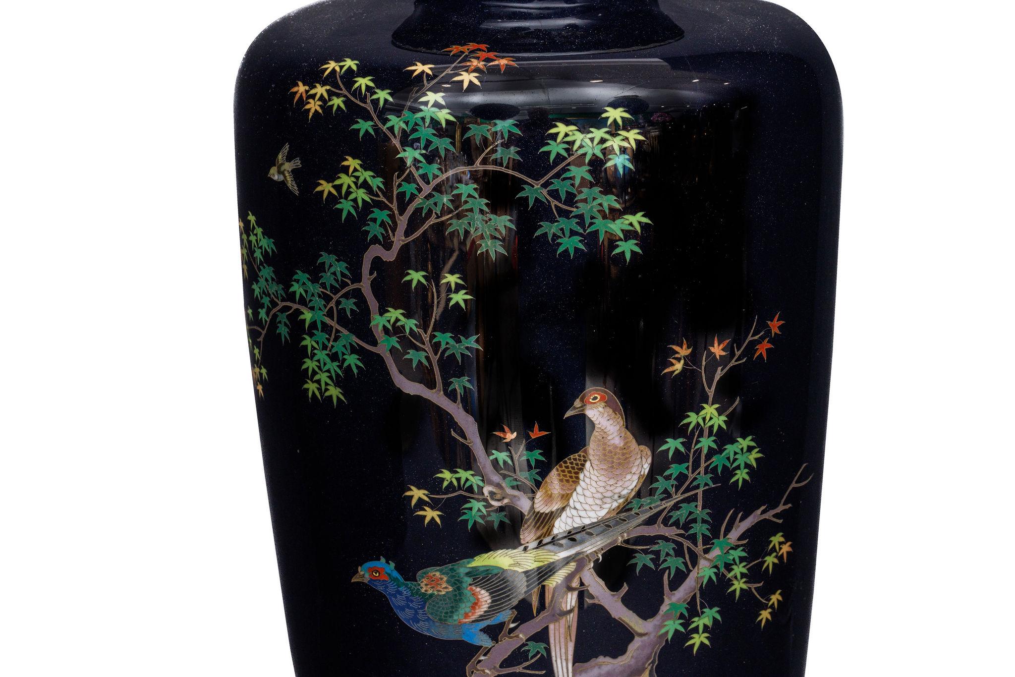 Copper Magnificent Japanese Meiji Cloisonné Enamel Vase with Pheasants, Inaba Co. For Sale