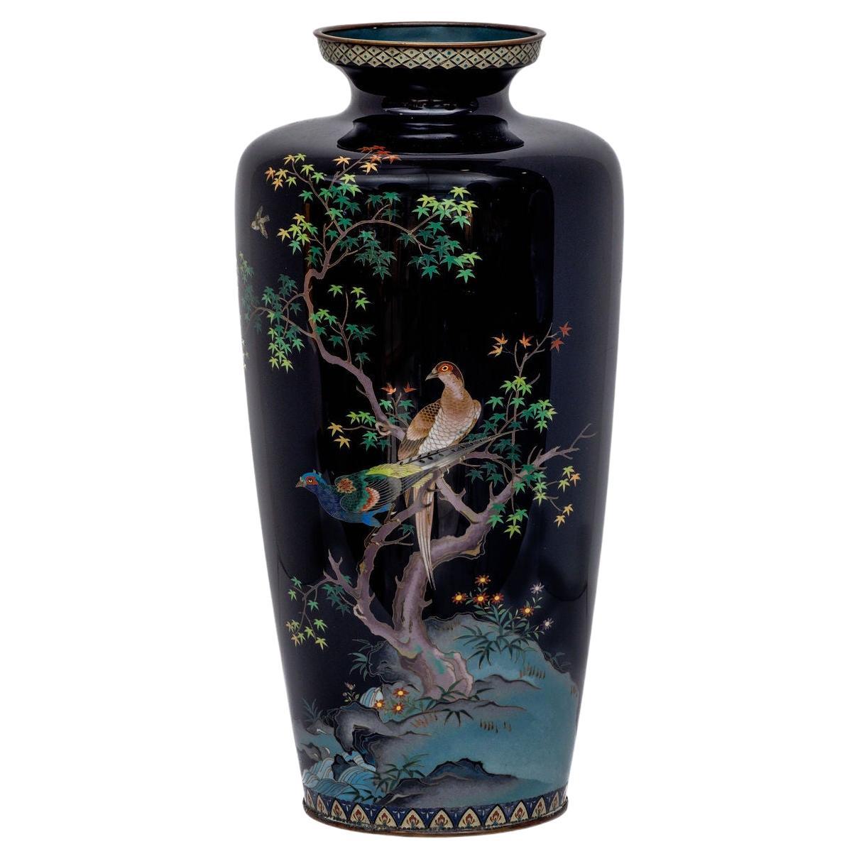 Magnificent Japanese Meiji Cloisonné Enamel Vase with Pheasants, Inaba Co. For Sale