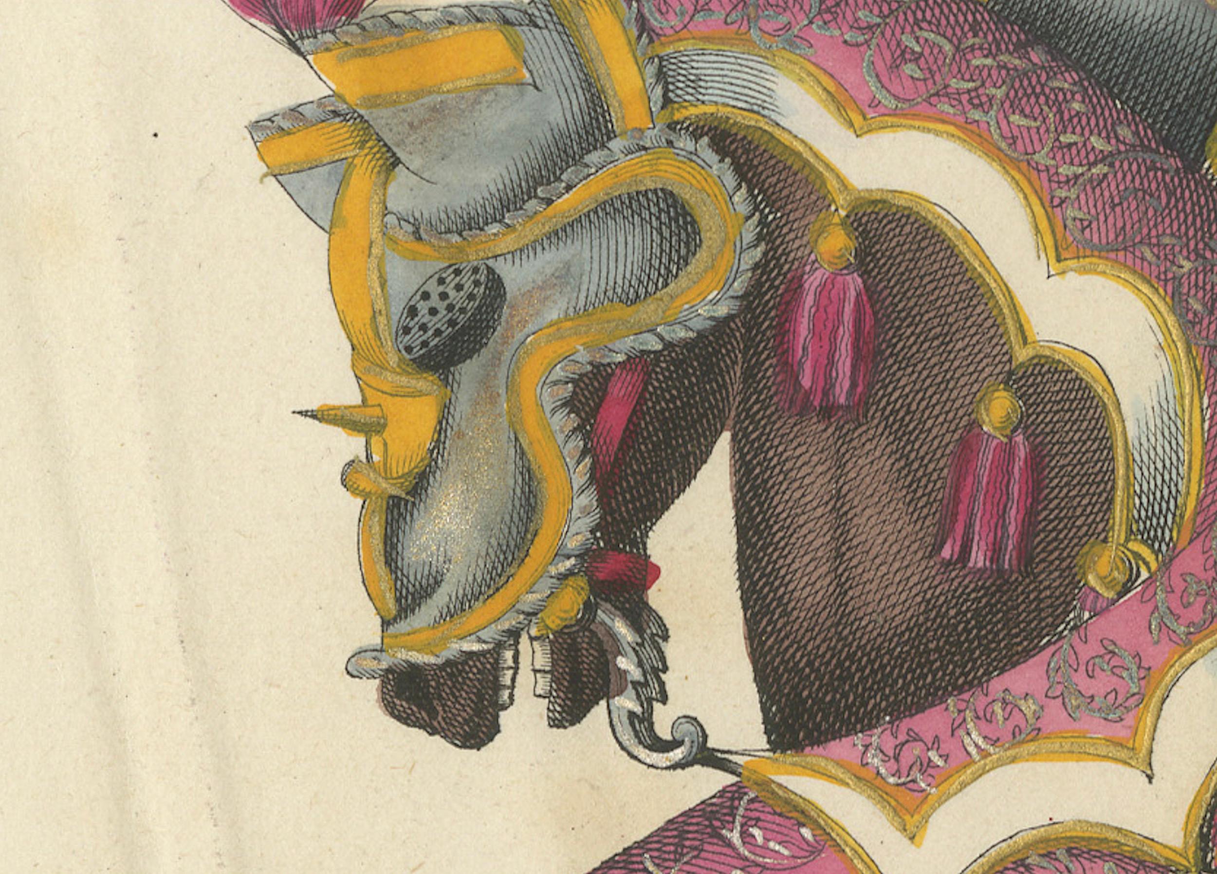 Magnificent Jousting Tournament Print with Hand-Coloured Knights and Horses, 19th c.  

This striking original hand-coloured print, likely created in the mid-19th century, captures the grandeur and spectacle of a medieval jousting tournament in