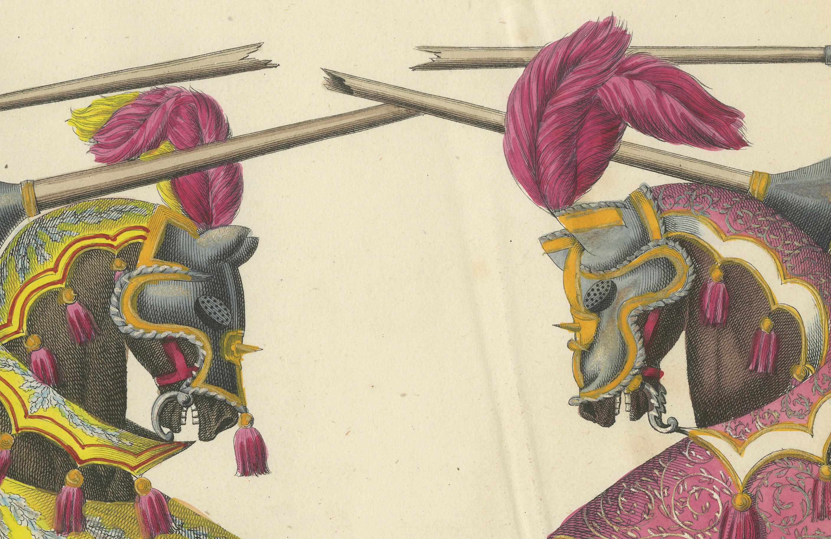 Magnificent Jousting Tournament Print with Handcoloured Knights and Horses, 1842 In Good Condition For Sale In Langweer, NL