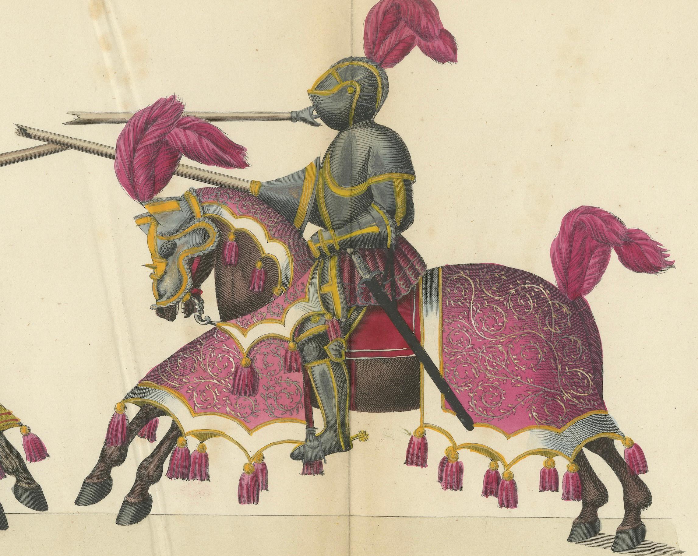 Mid-19th Century Magnificent Jousting Tournament Print with Handcoloured Knights and Horses, 1842 For Sale