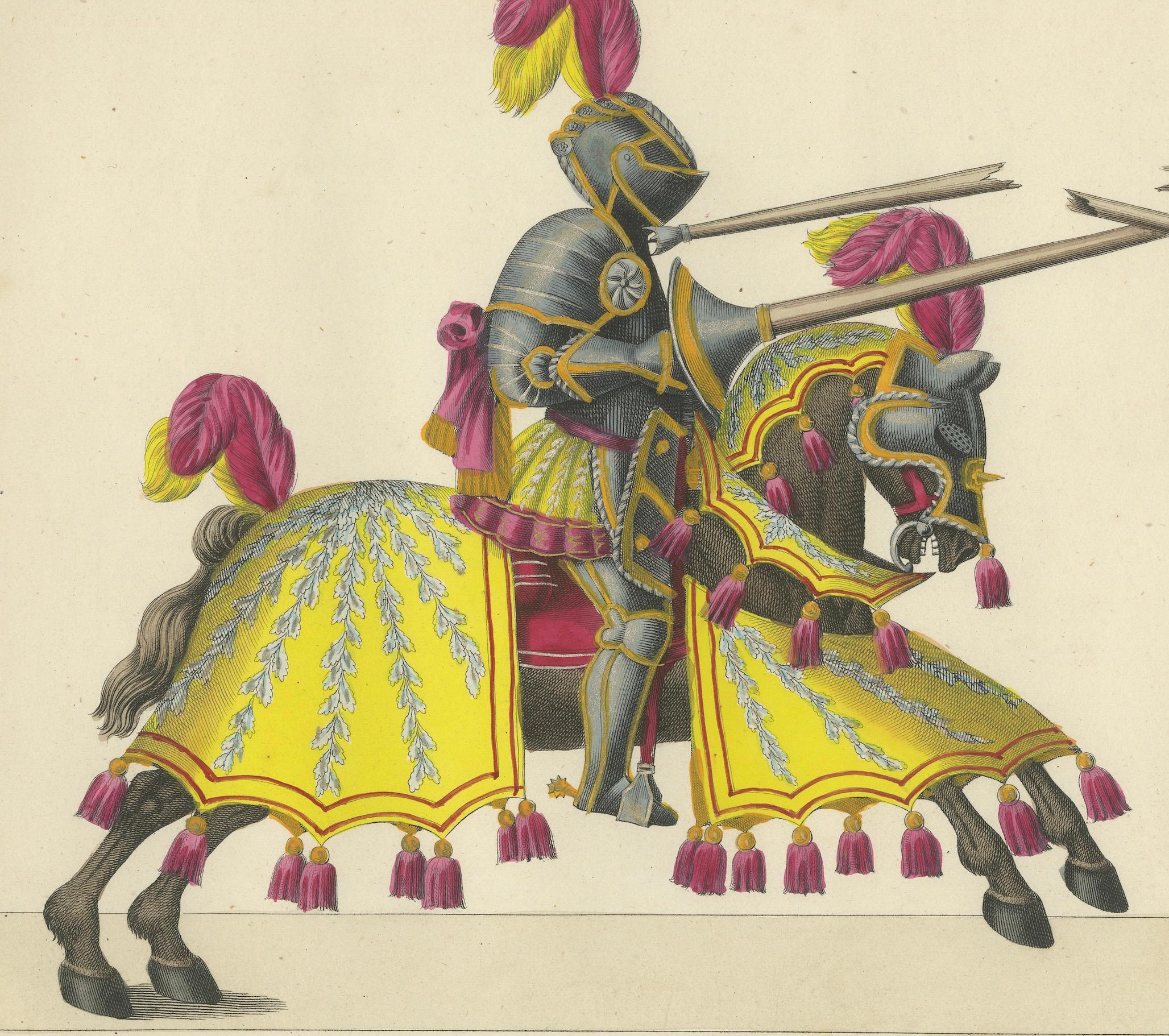Paper Magnificent Jousting Tournament Print with Handcoloured Knights and Horses, 1842 For Sale