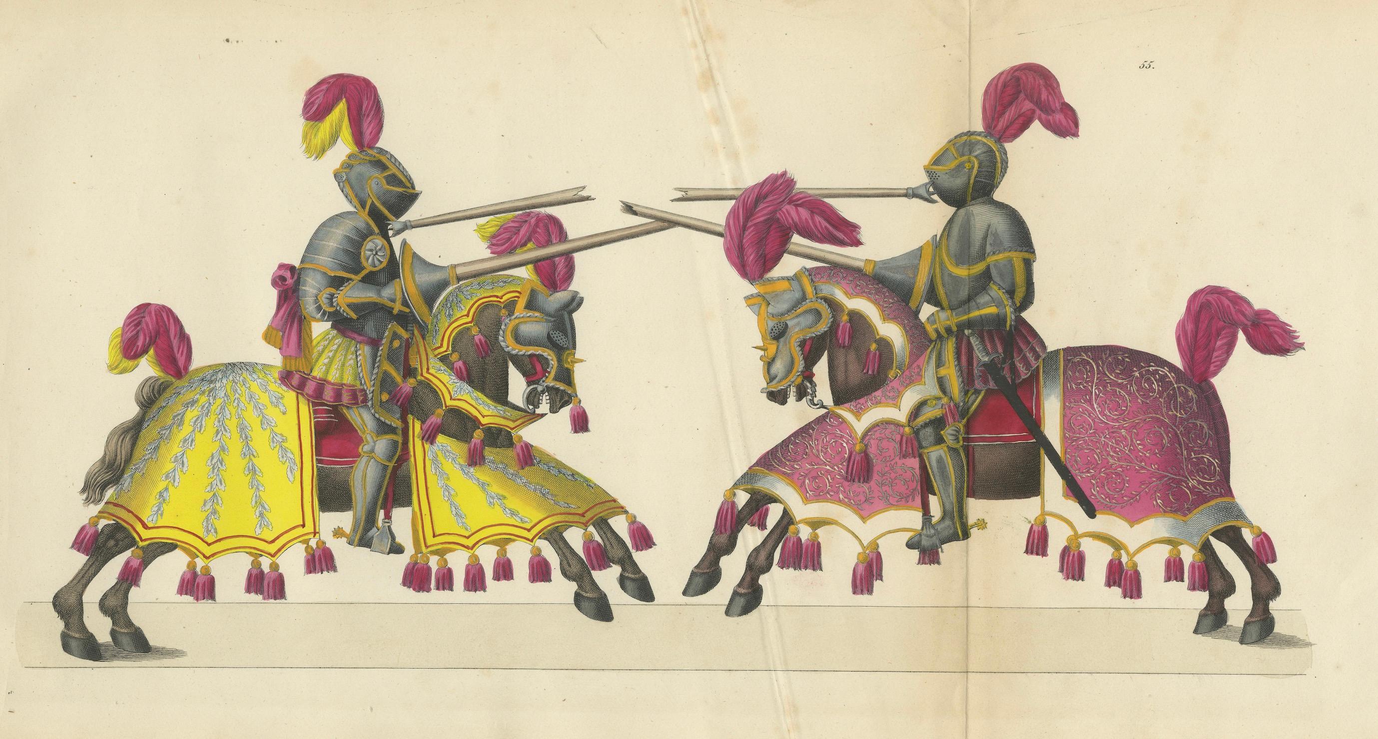 Magnificent Jousting Tournament Print with Handcoloured Knights and Horses, 1842 For Sale 1