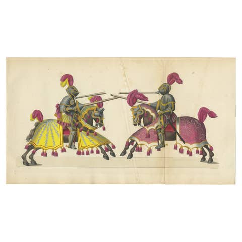 Magnificent Jousting Tournament Print with Handcoloured Knights and Horses, 1842